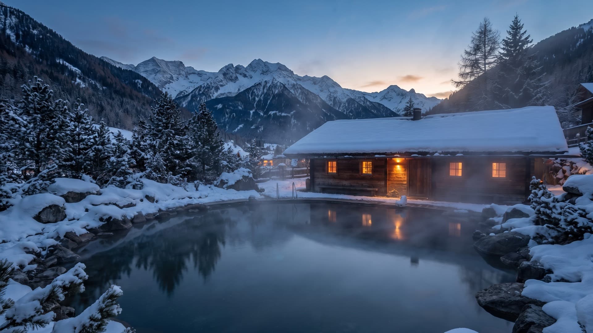 A steaming outdoor thermal pool in a snowy Alpine valley at dusk, mountains behind and warm light from the building