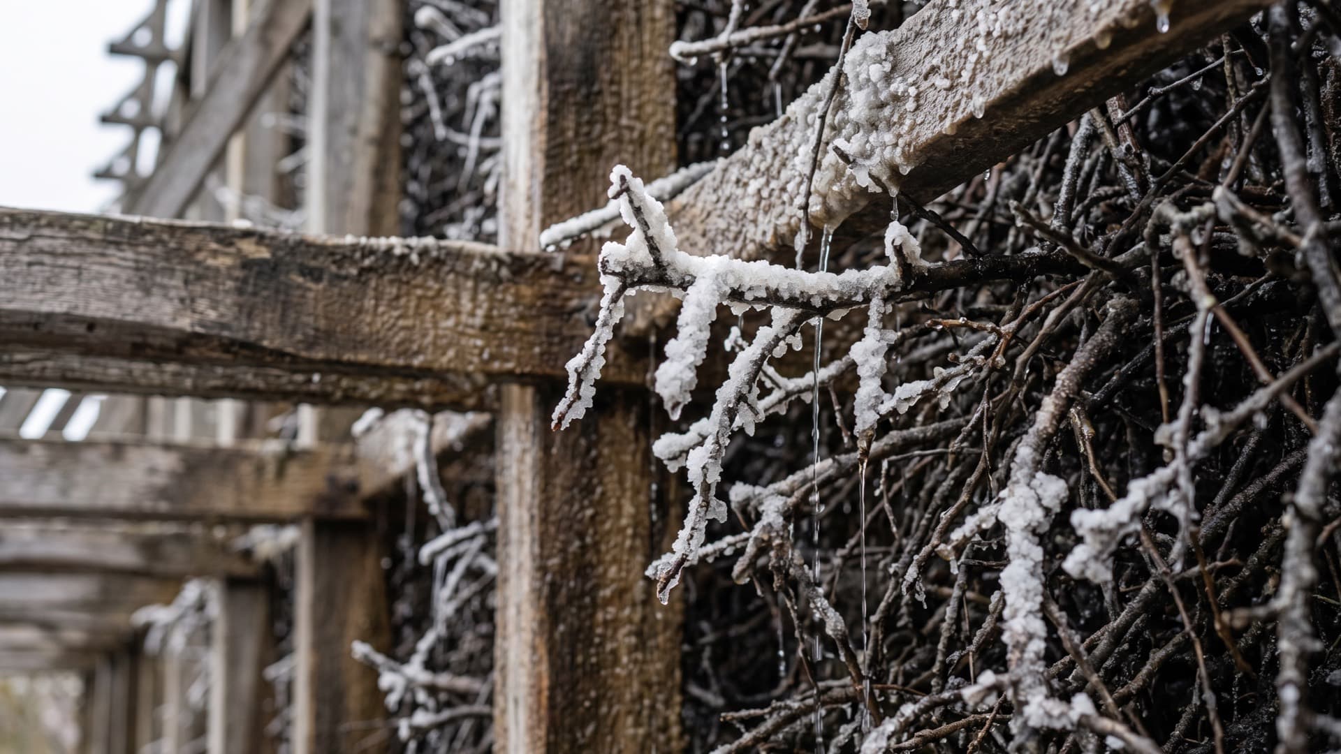 Salt crystals crusted on the blackthorn twigs of a wooden graduation tower, brine trickling down in thin threads