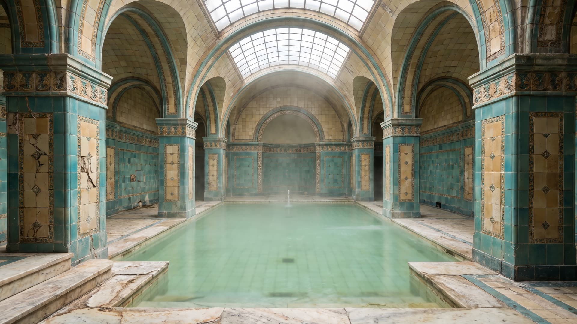 An empty historic bath hall with a steaming pool under a glass skylight, walls clad in turquoise and ochre ceramic tiles