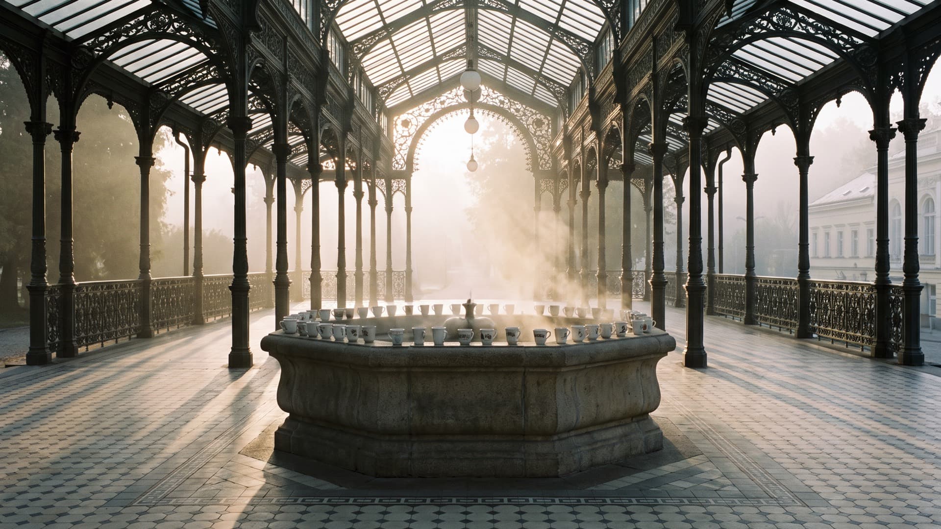 A cast-iron colonnade in a Bohemian spa town, steam rising from a stone spring basin with porcelain drinking cups on its rim, early morning, nobody there