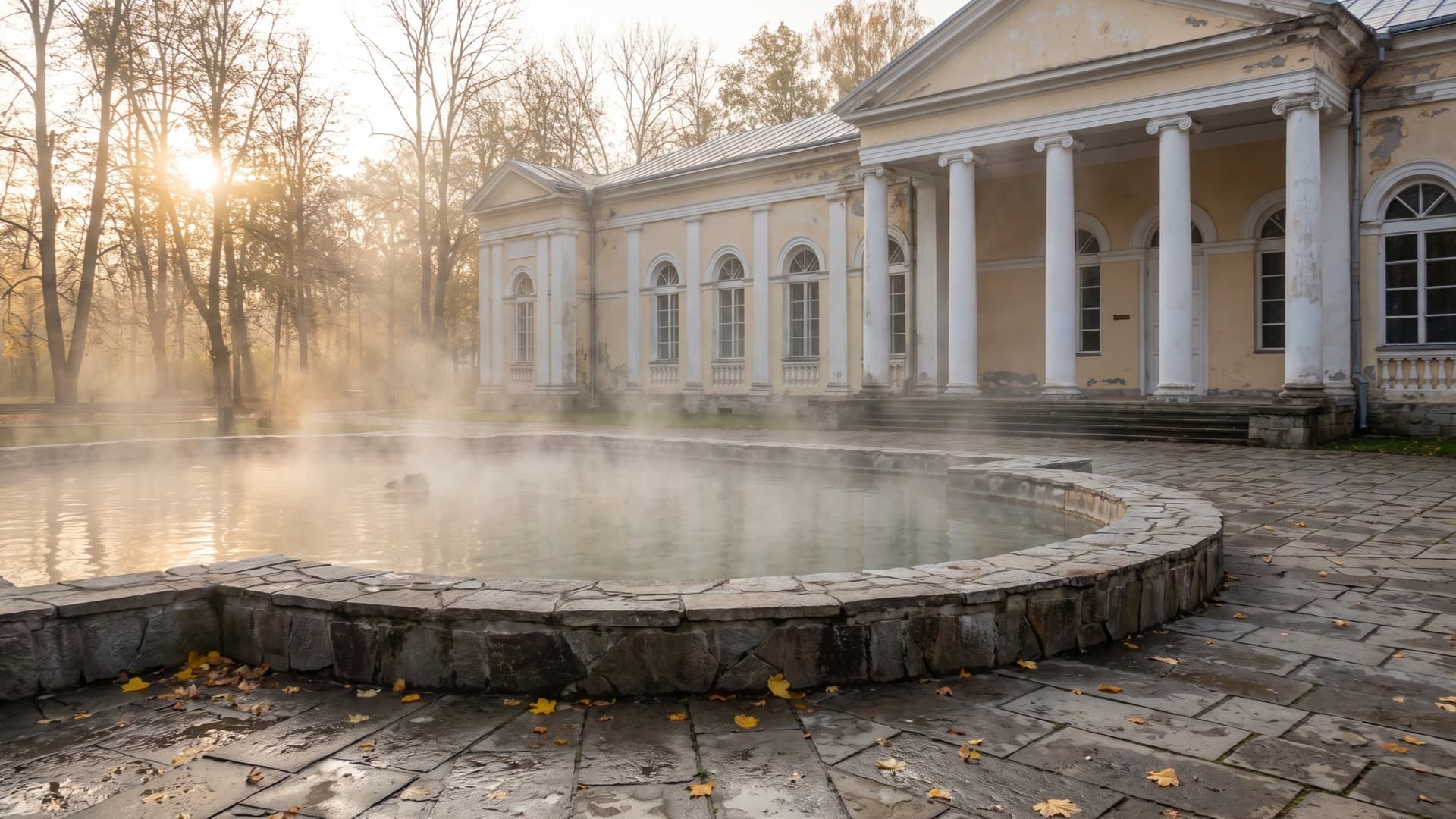 Steam rising from an outdoor thermal pool beside a pale nineteenth-century spa building with columns, early morning in autumn