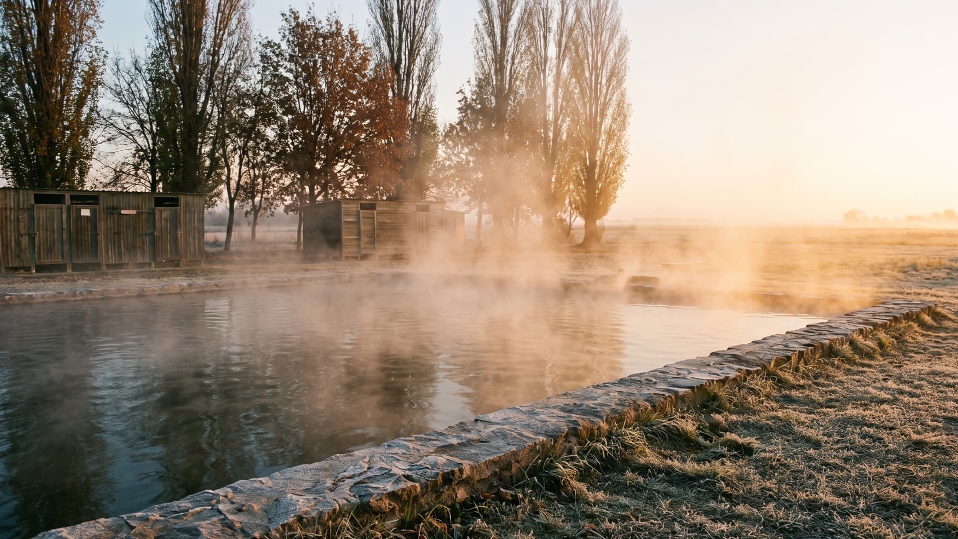 An open-air thermal pool on a flat plain at dawn, thick steam over the water, poplars and low wooden cabins behind, frost on the grass