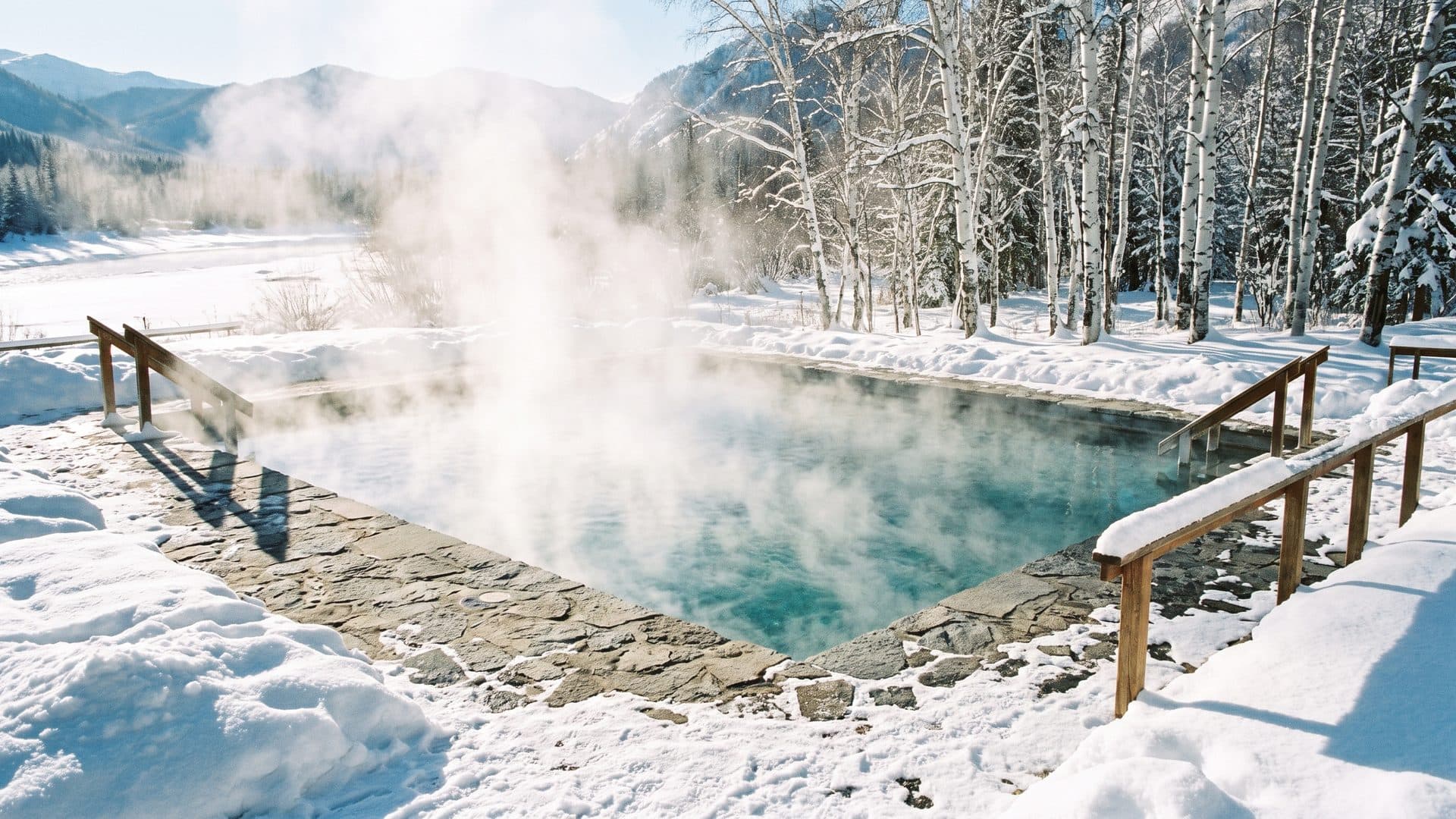 An outdoor thermal pool steaming in winter, snow on the surrounding deck and bare birches behind the far edge
