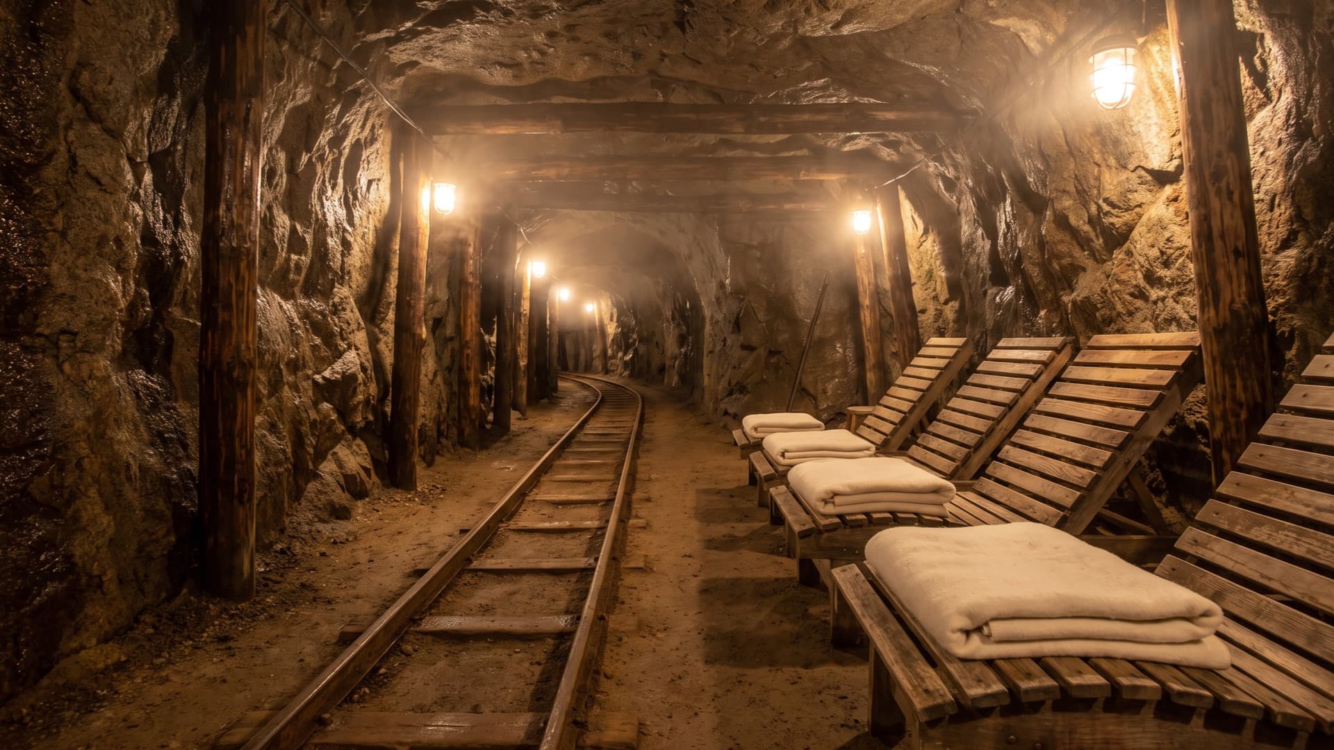 A healing gallery tunnel hewn into granite, condensation on the rock walls, wooden loungers with white blankets along one side