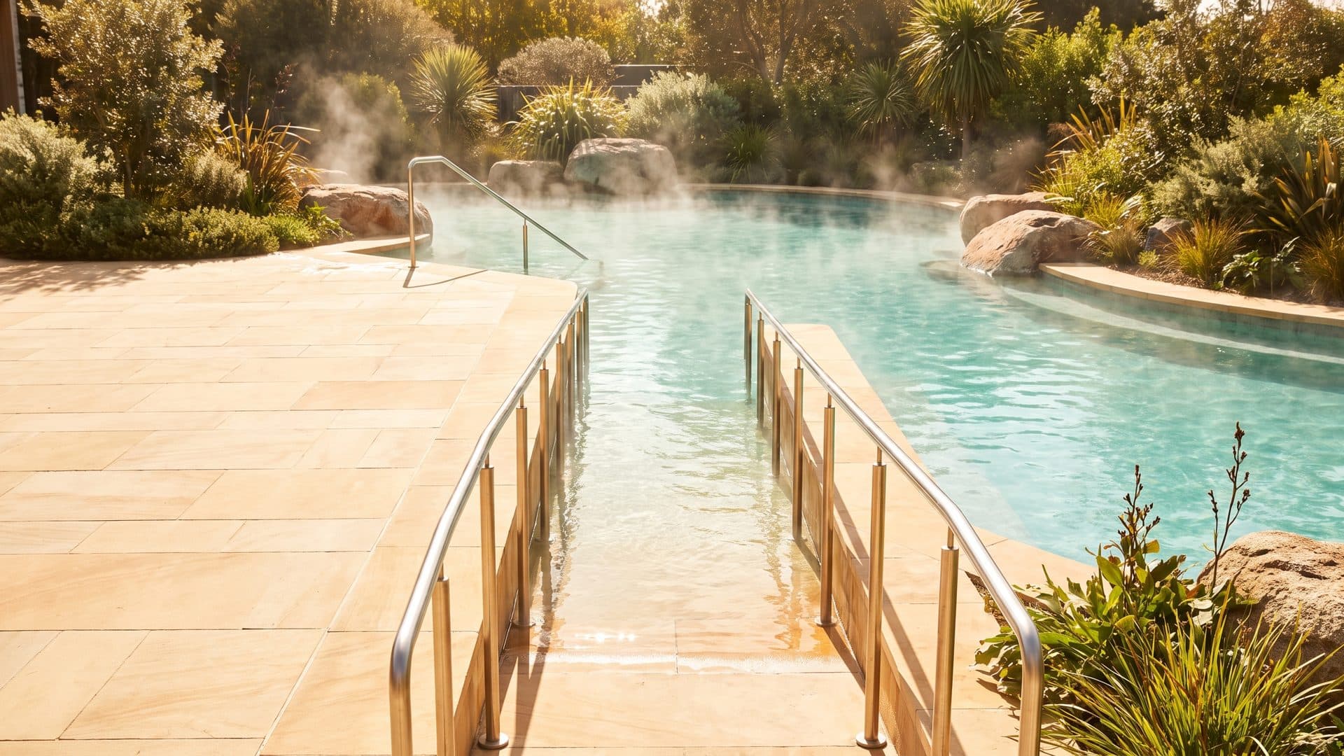 Una rampa ancha desciende suavemente hasta el agua de una piscina termal, con pasamanos a ambos lados y pavimento llano alrededor, sin un solo escalón.