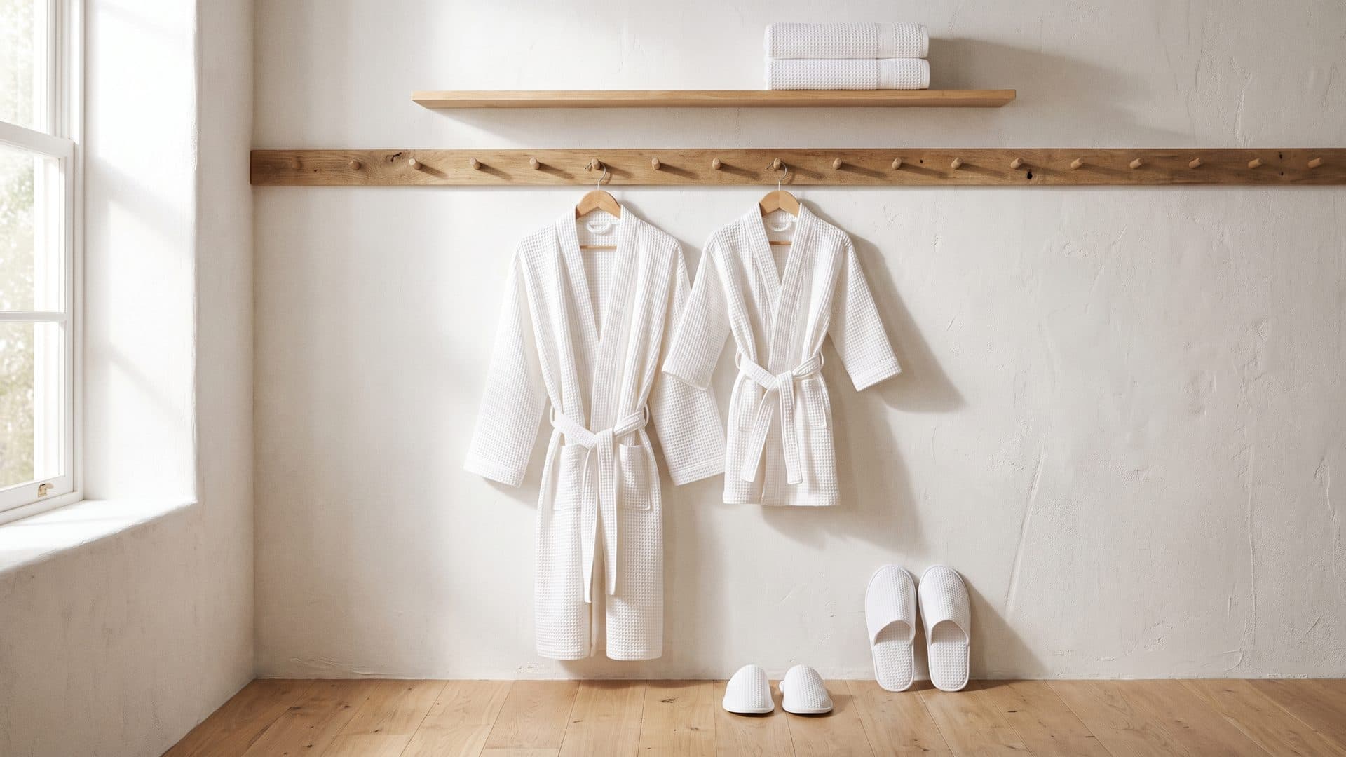 Dos albornoces blancos colgados uno junto al otro en perchas de madera, toallas dobladas en el estante superior y dos pares de zapatillas en el suelo.