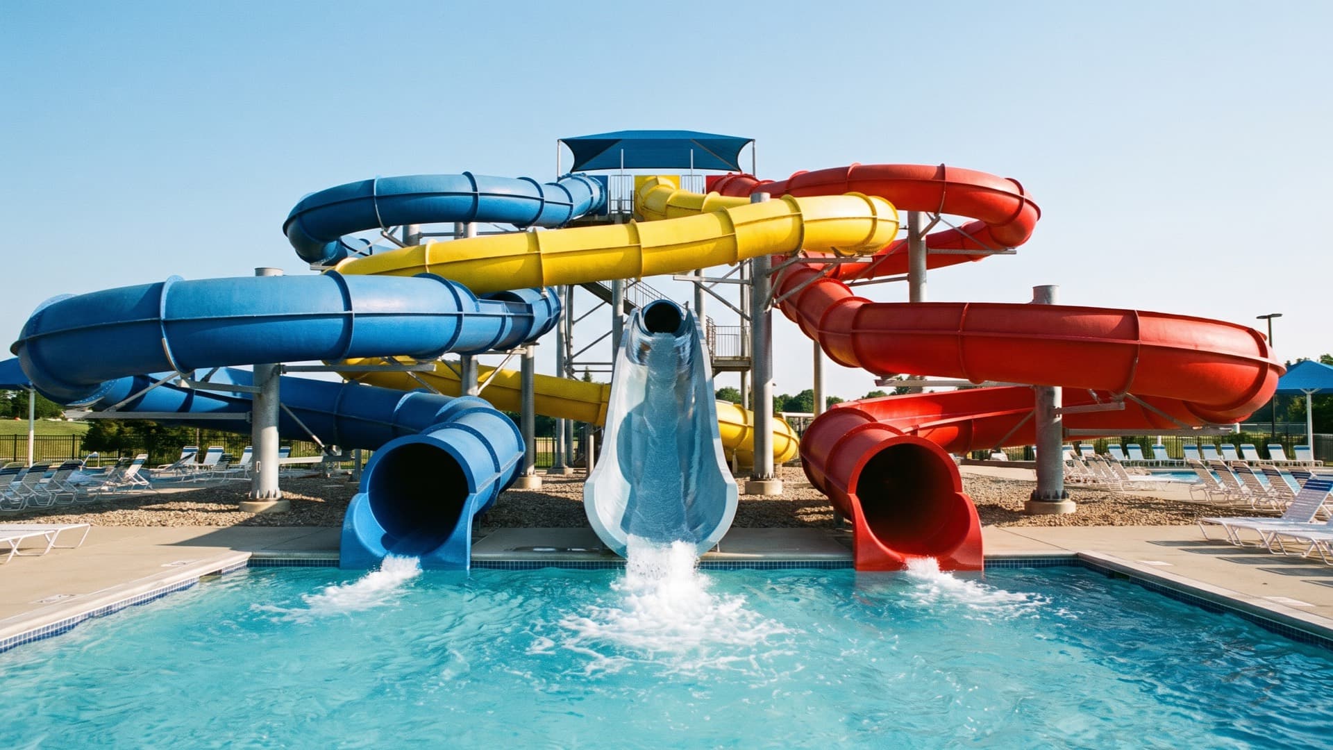Brightly coloured water slide tubes twisting against a clear summer sky, water running down an open chute into a splash pool