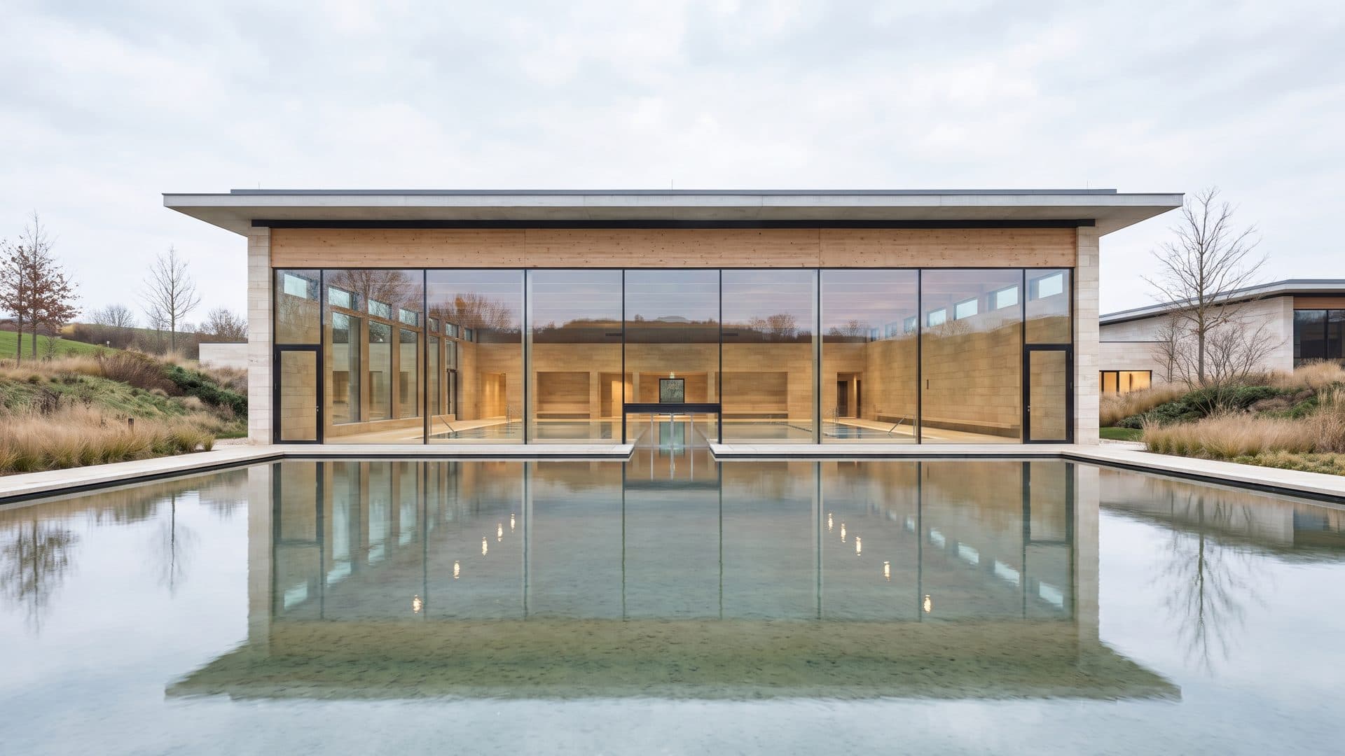 La fachada acristalada de un balneario termal moderno, con una larga lámina de agua que lo refleja bajo un cielo cubierto.