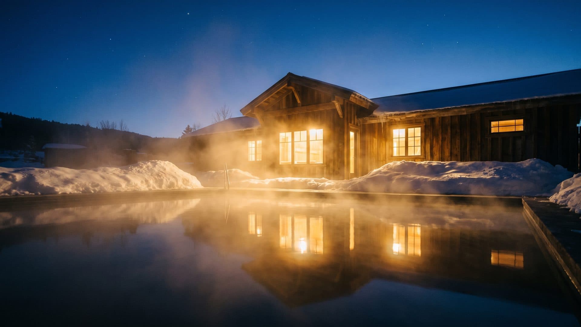 Steam rising from an outdoor thermal pool on a snowy evening, warm light from the bath building reflected on the water
