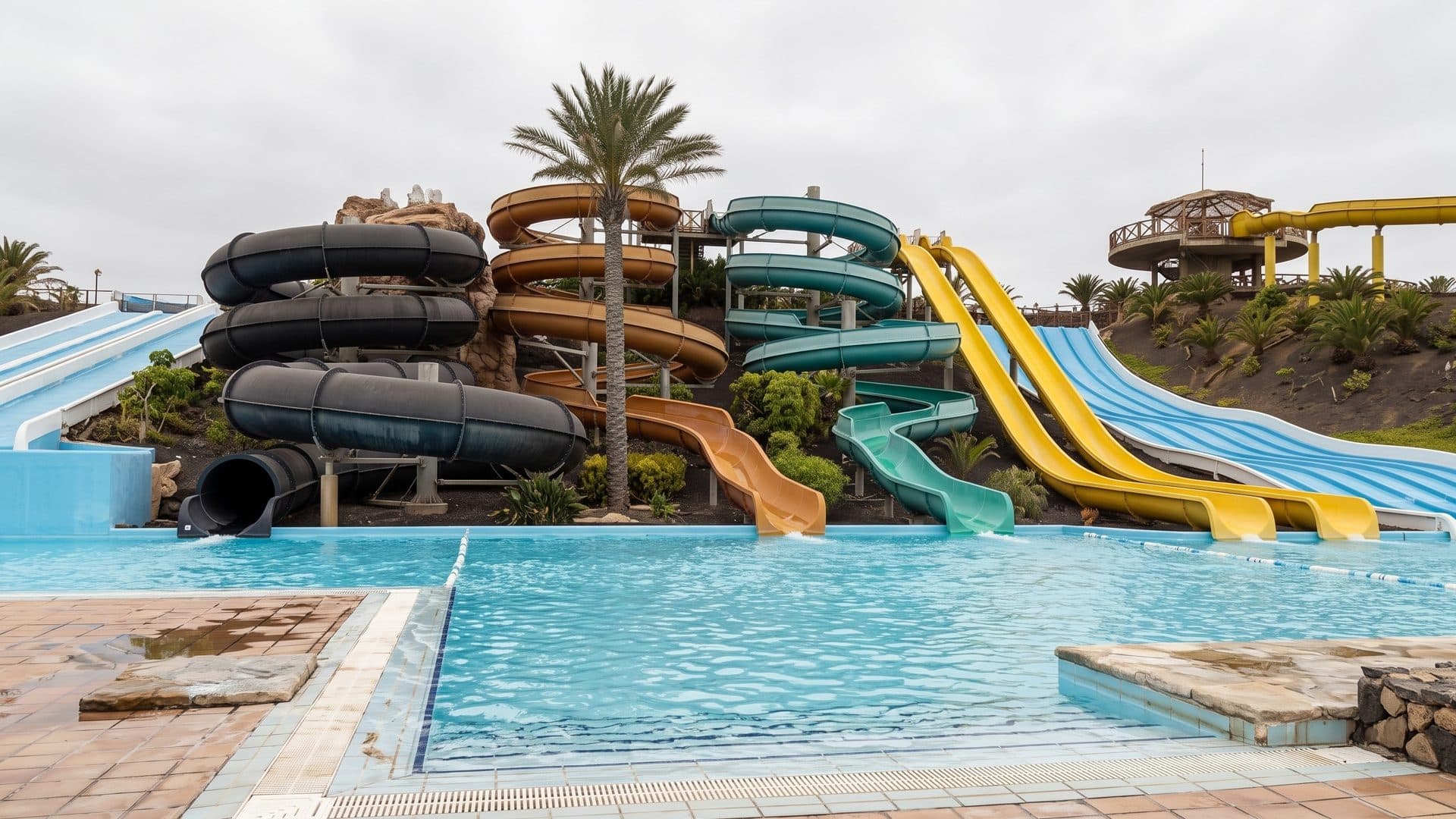 The pool of the Acua Water Park in Corralejo below black, yellow and green slides and a palm tree