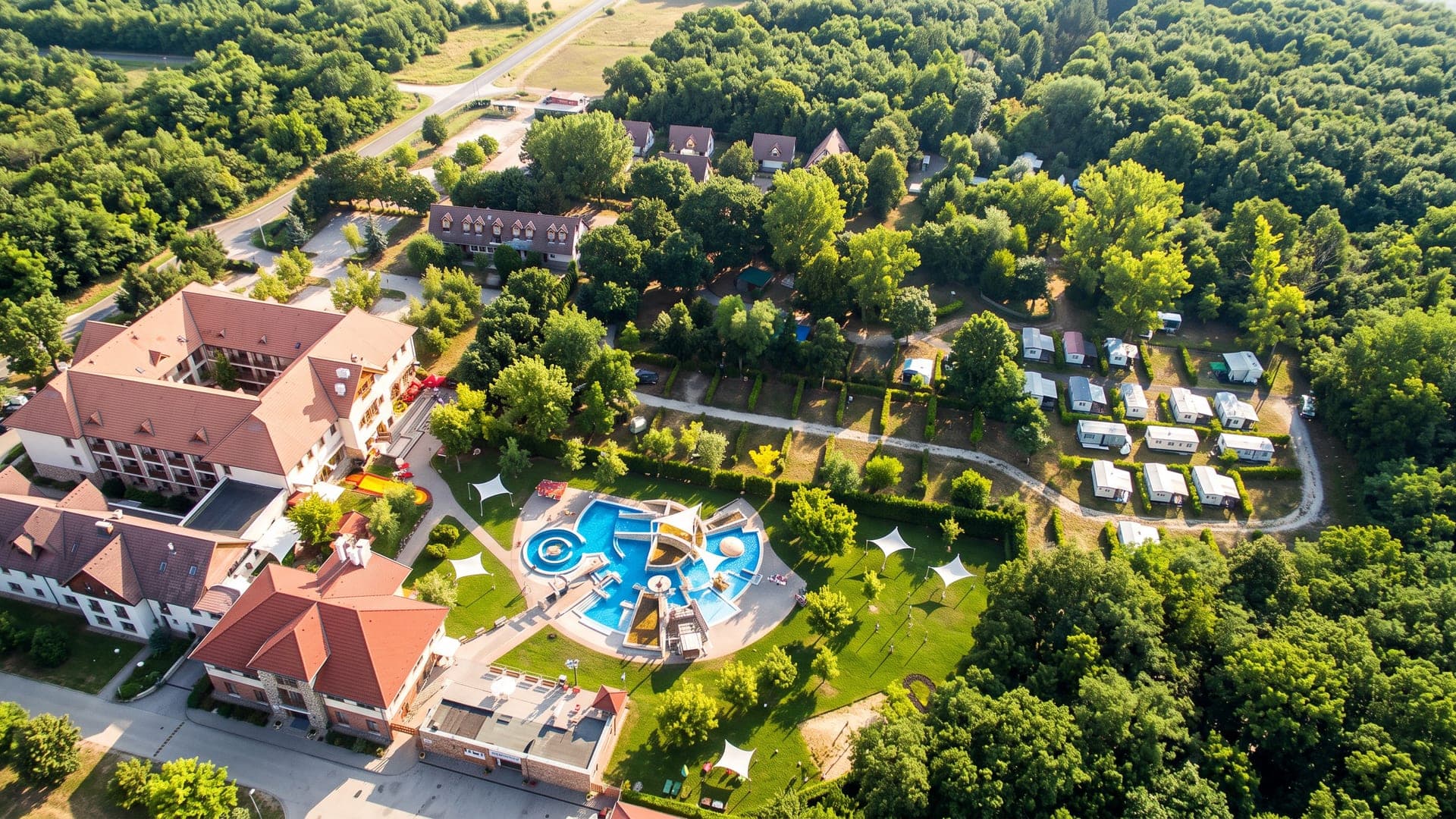 Agardi Gyogy- es Termalfurdo in Gardony seen from the air, the pool cluster set between the hotel and a wooded campsite.