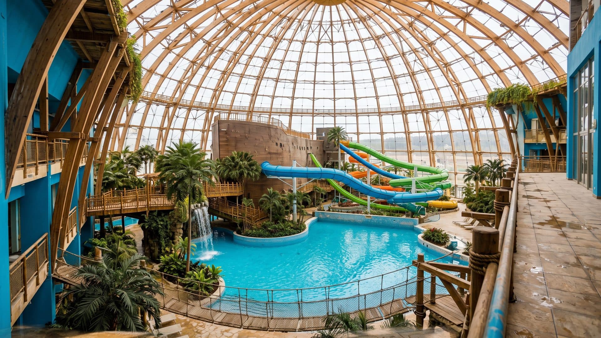 The leisure pool of the Piterland water park under a large glass dome, with green slides and palm trees