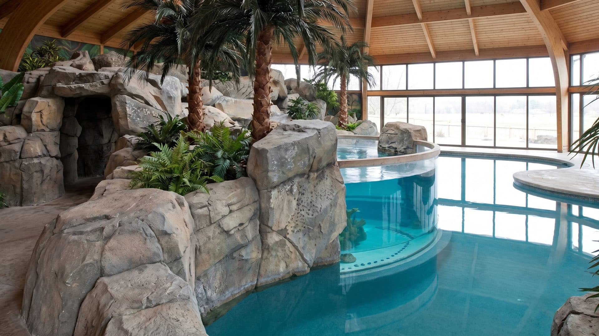 The grotto pool of the Akvarium baths with its rockwork and palms beside the glazed wall