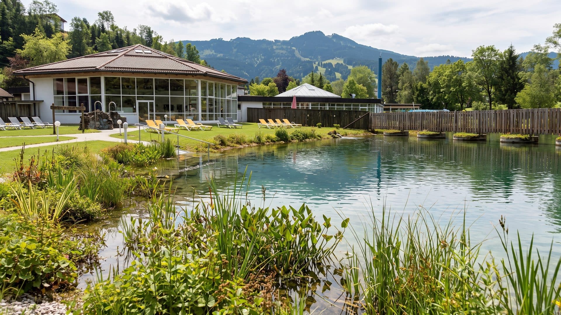 The natural bathing pond of the Alpspitz bathing centre with its planted margin, the pavilion behind and mountains on the skyline