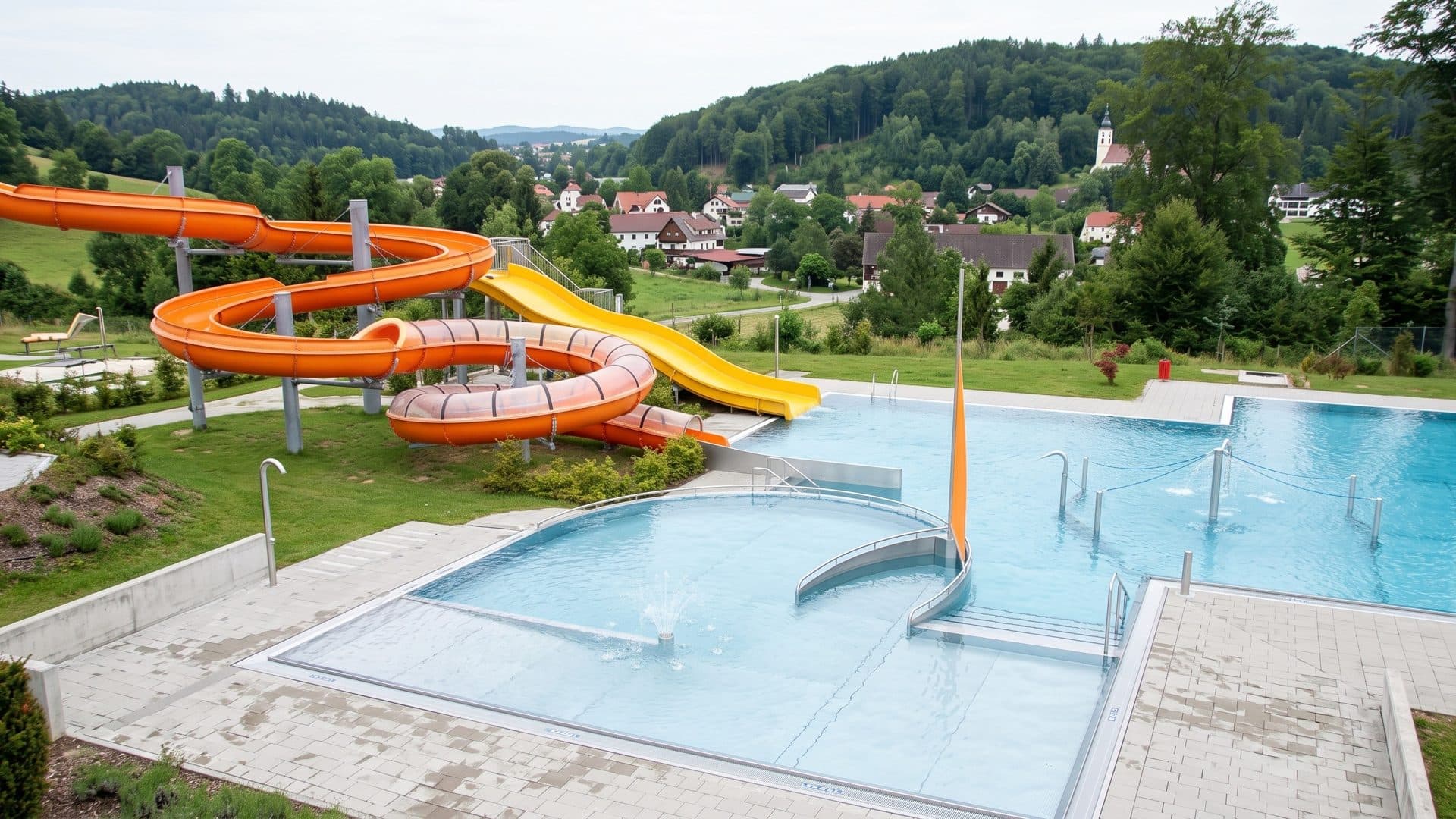 The outdoor pools of Apumare in Attnang-Puchheim with orange and yellow slides on a green slope