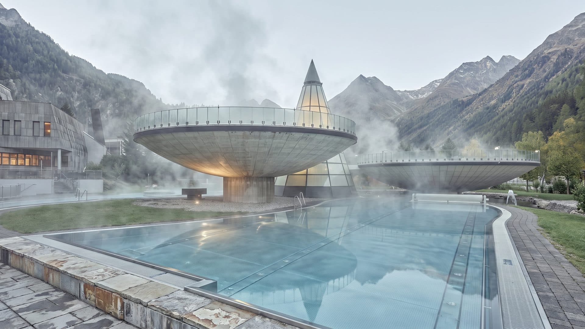 The three raised bowl-shaped pools of the Aqua Dome at Längenfeld steaming above the deck, with the Ötztal valley walls rising behind them