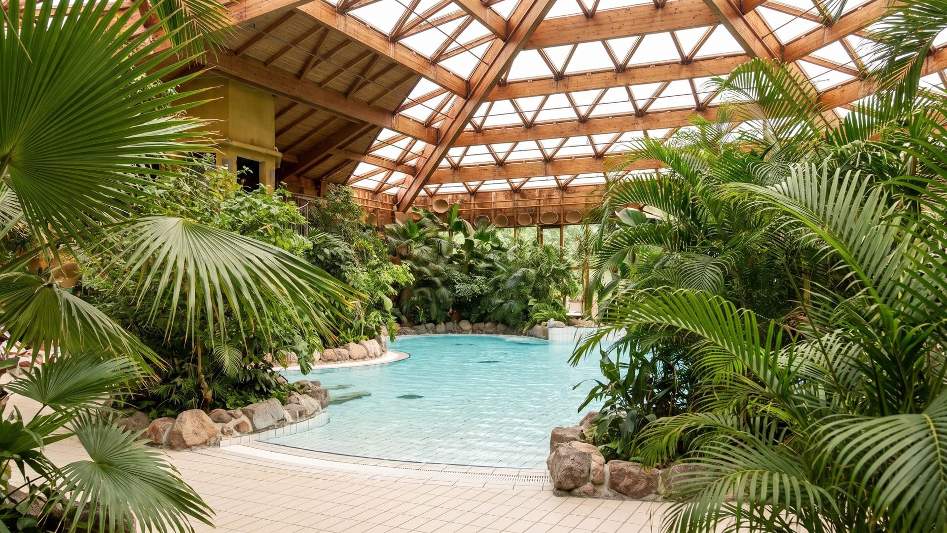 The lagoon pool of Aqua Mundo among its palms under the glazed dome