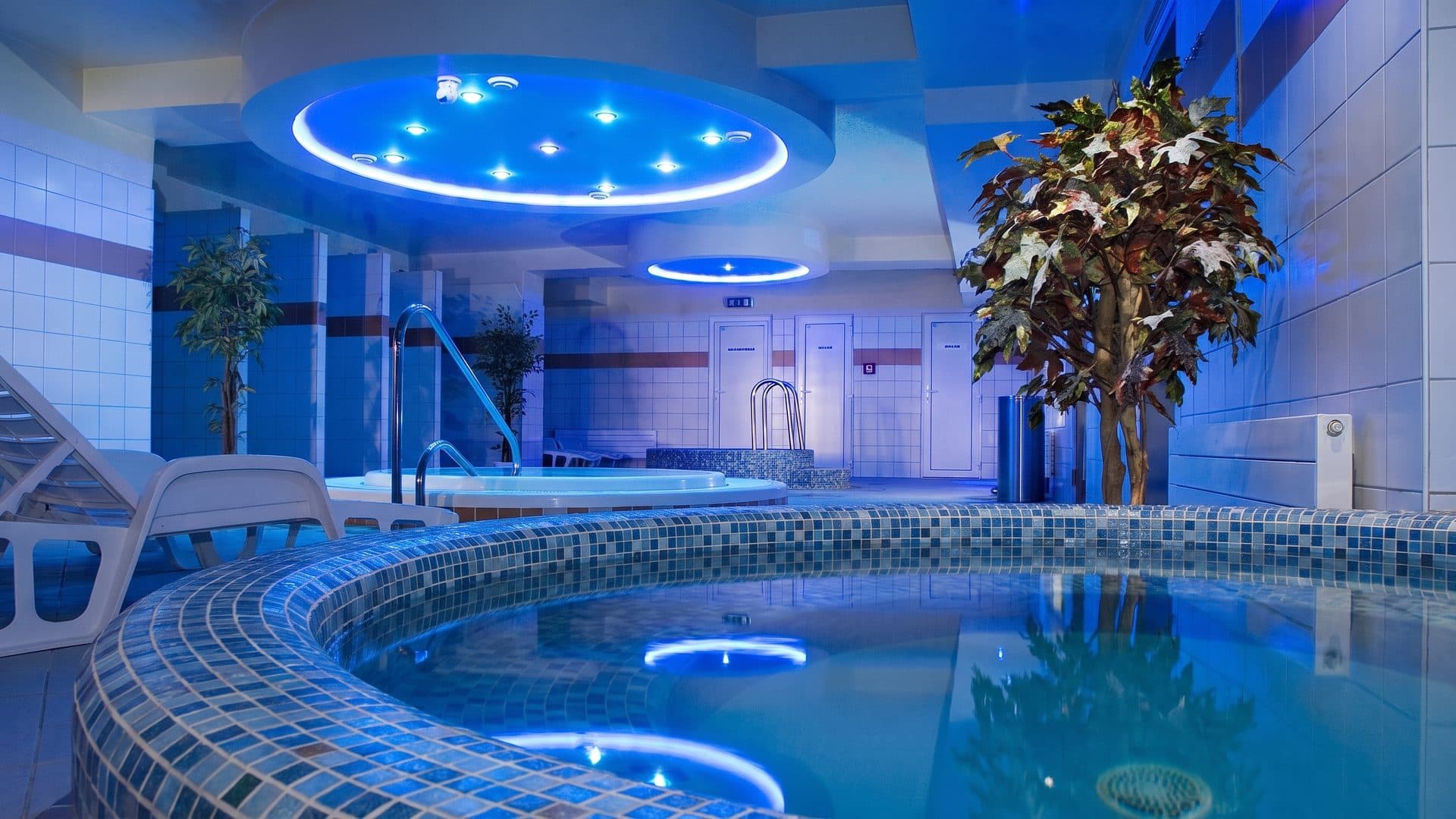 The indoor spa pool of Aqua Relax under its lit blue ceiling among palms