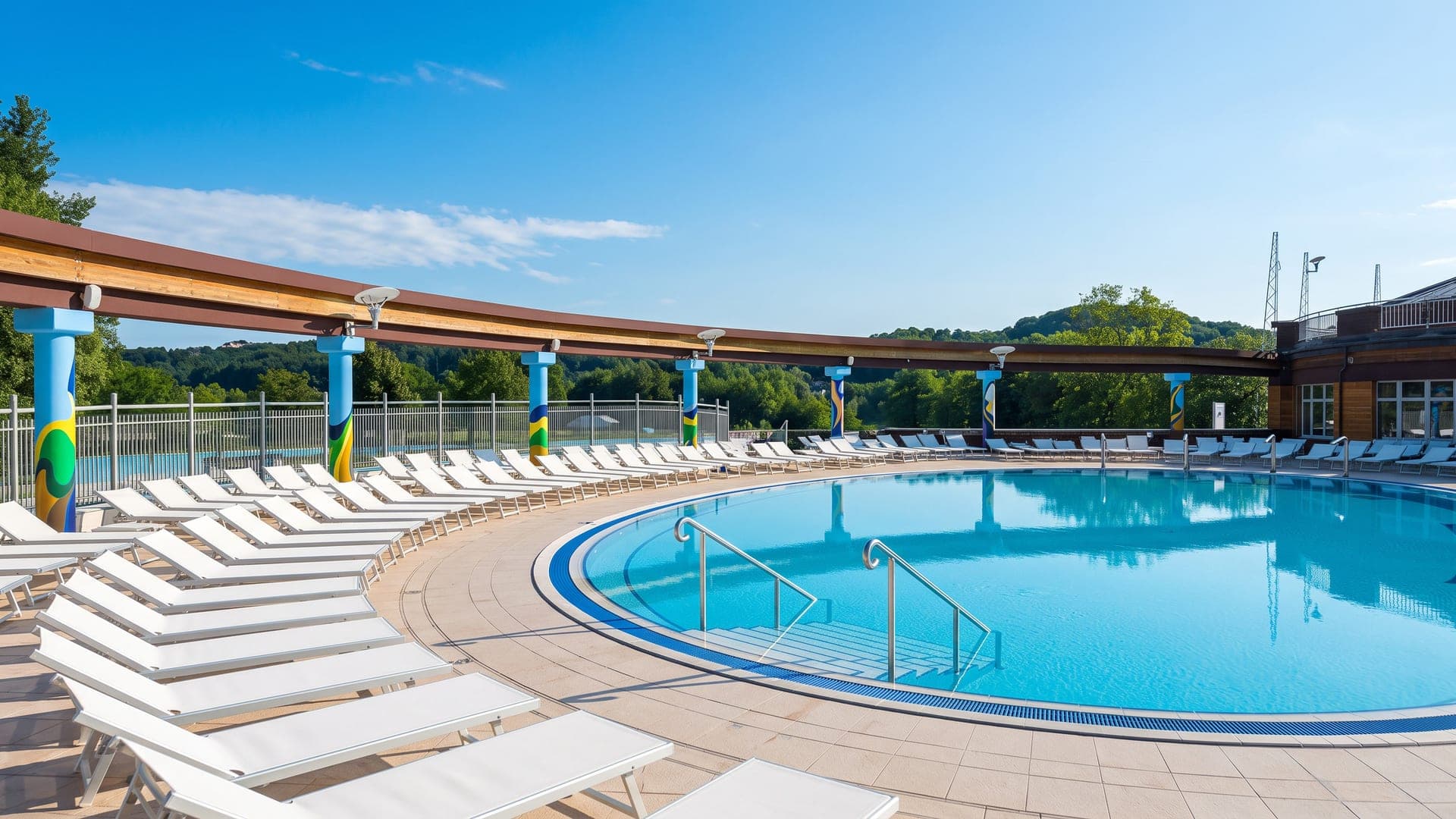 Outdoor pool with a timber pergola walkway and rows of loungers