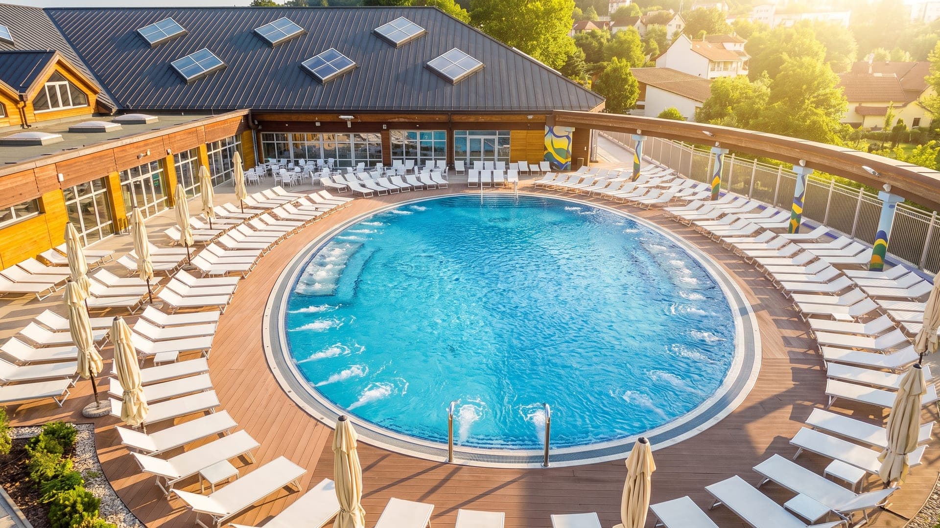 Circular outdoor pool ringed by loungers, seen from above
