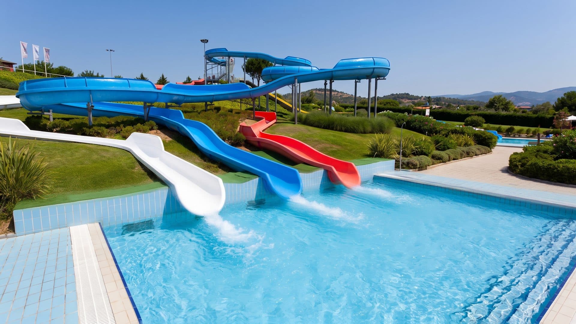 The slides of Aquadiver above their receiving pool on the lawn