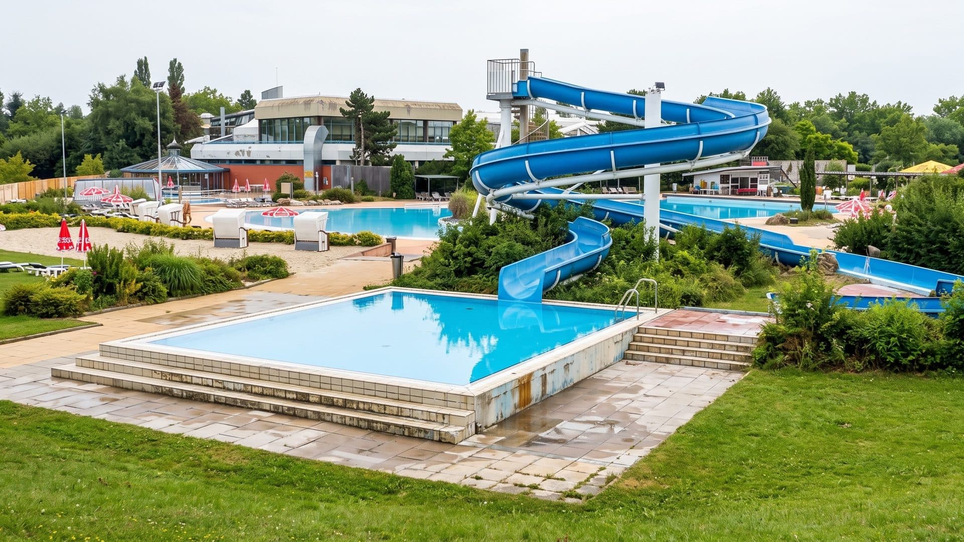 The outdoor pools of the Aquadrom Hockenheim with blue slides among planting