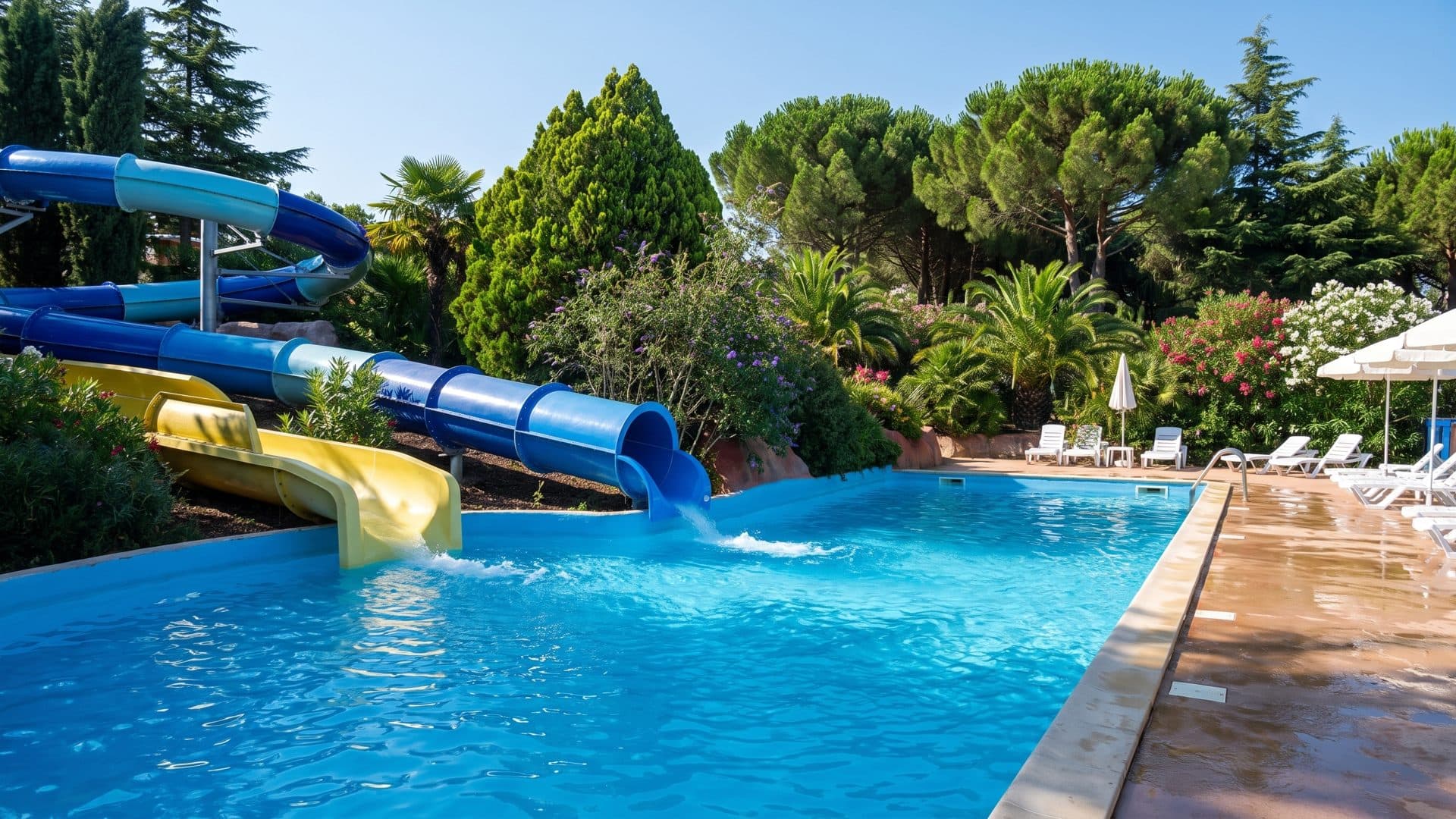 Blue and yellow slide flumes running down into the turquoise pool at Aqualand Frejus, with umbrella pines and palms along the far side