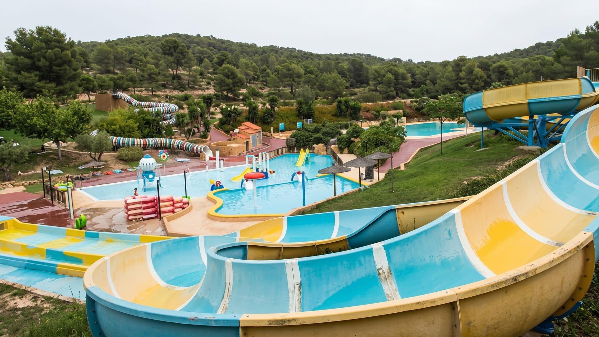 A yellow and blue open slide curving down the hillside of Aqualeon towards the pools among pine trees