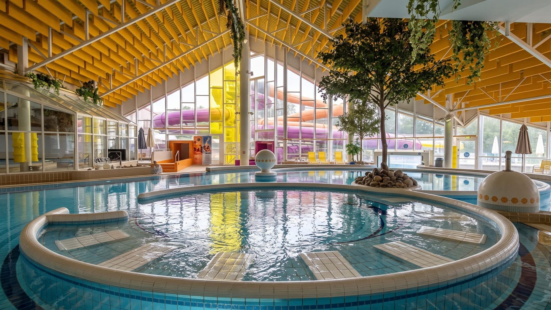Indoor leisure pool under a wooden roof, with the round central basin and palms beside the water.