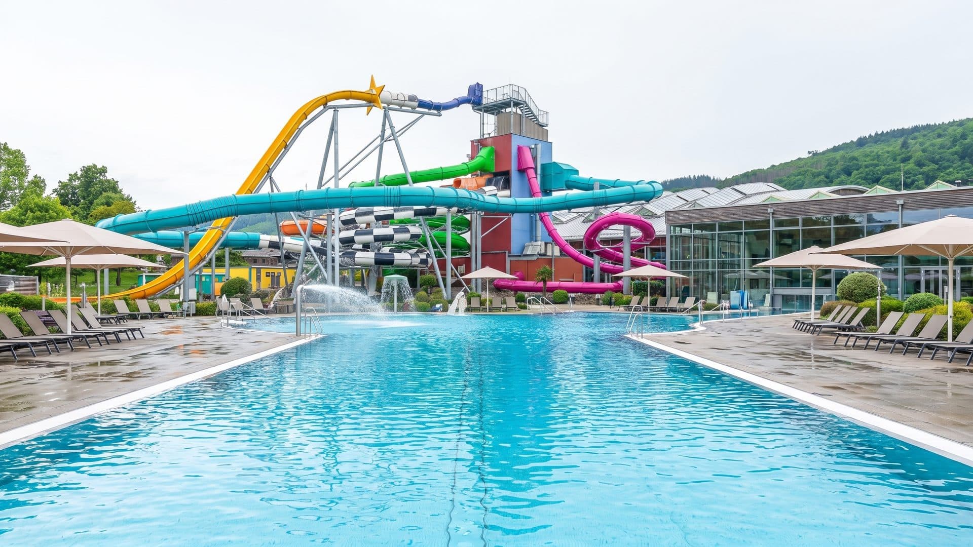 The slide towers at Aquamagis in yellow, blue and pink looping above the outdoor pool, with loungers around the water