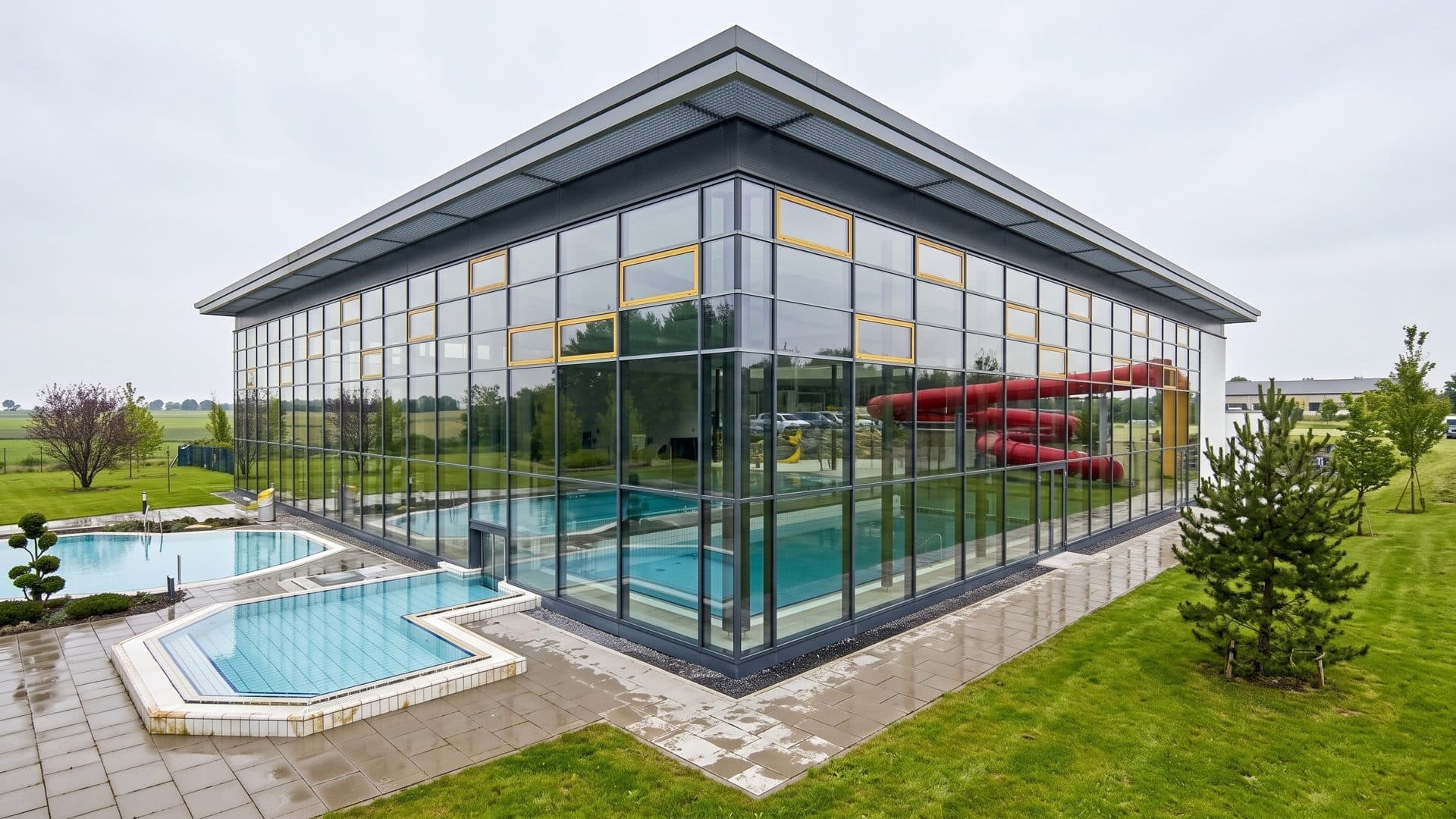 The glass hall of AquaNat'Our in Hosingen with an outdoor pool and a natural pond on the lawn