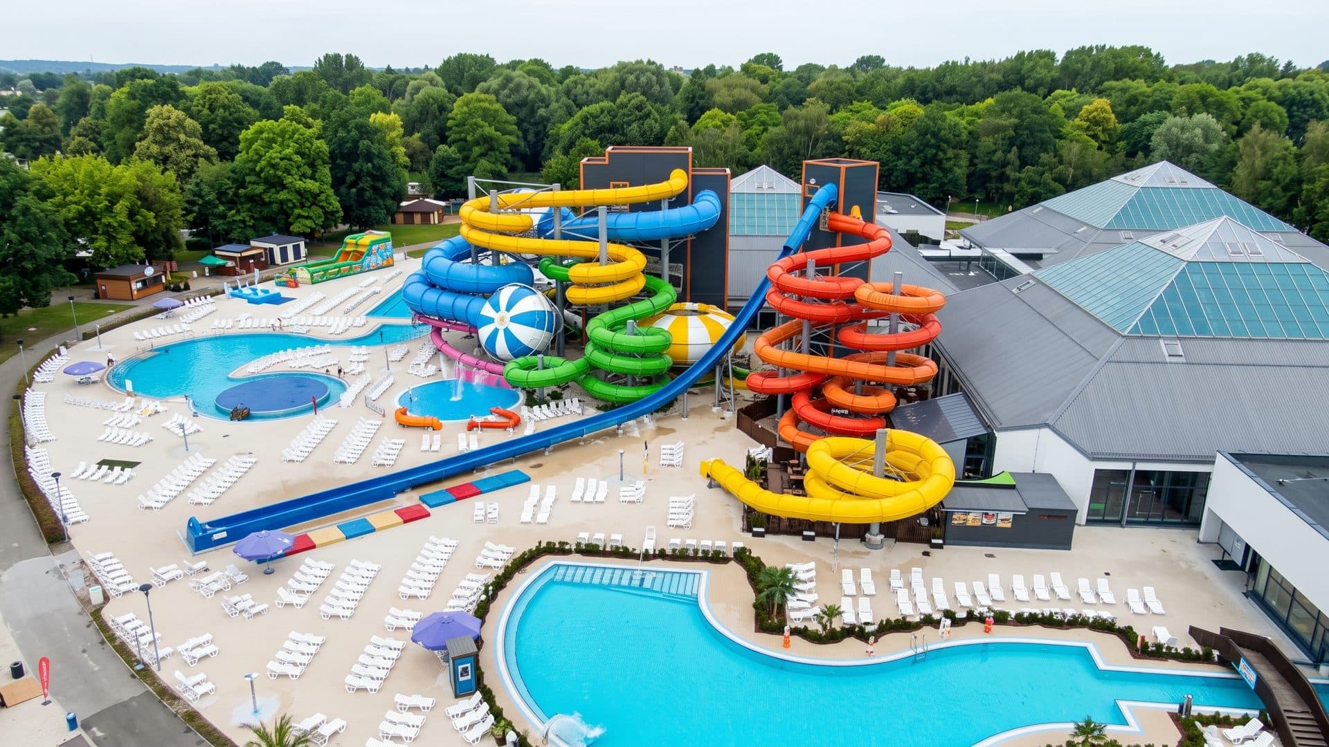 The water park from above: coloured slides, pools and rows of loungers among the trees.