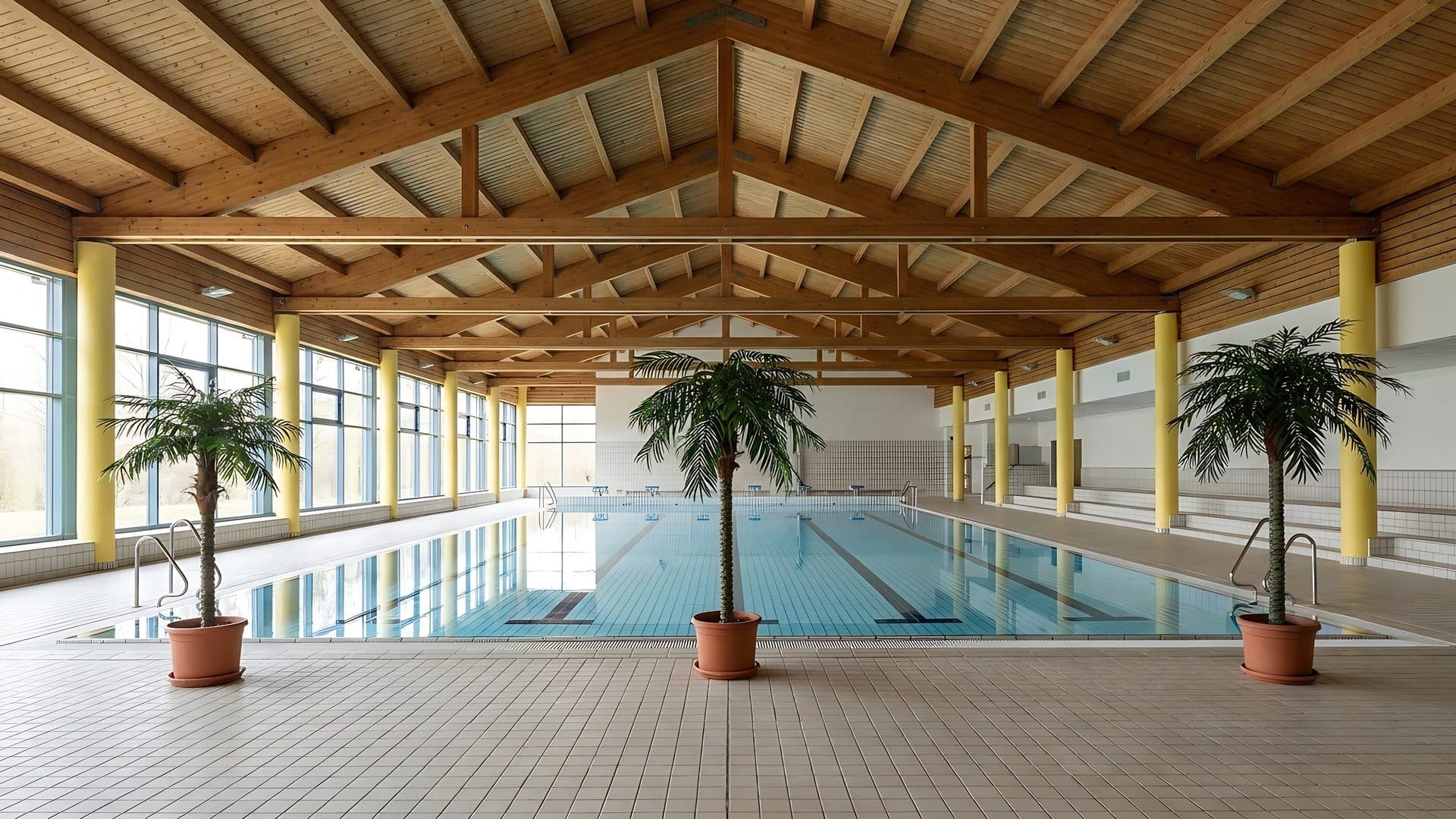 The hall of Aquapark Neptun with its palms and pool under a timber roof