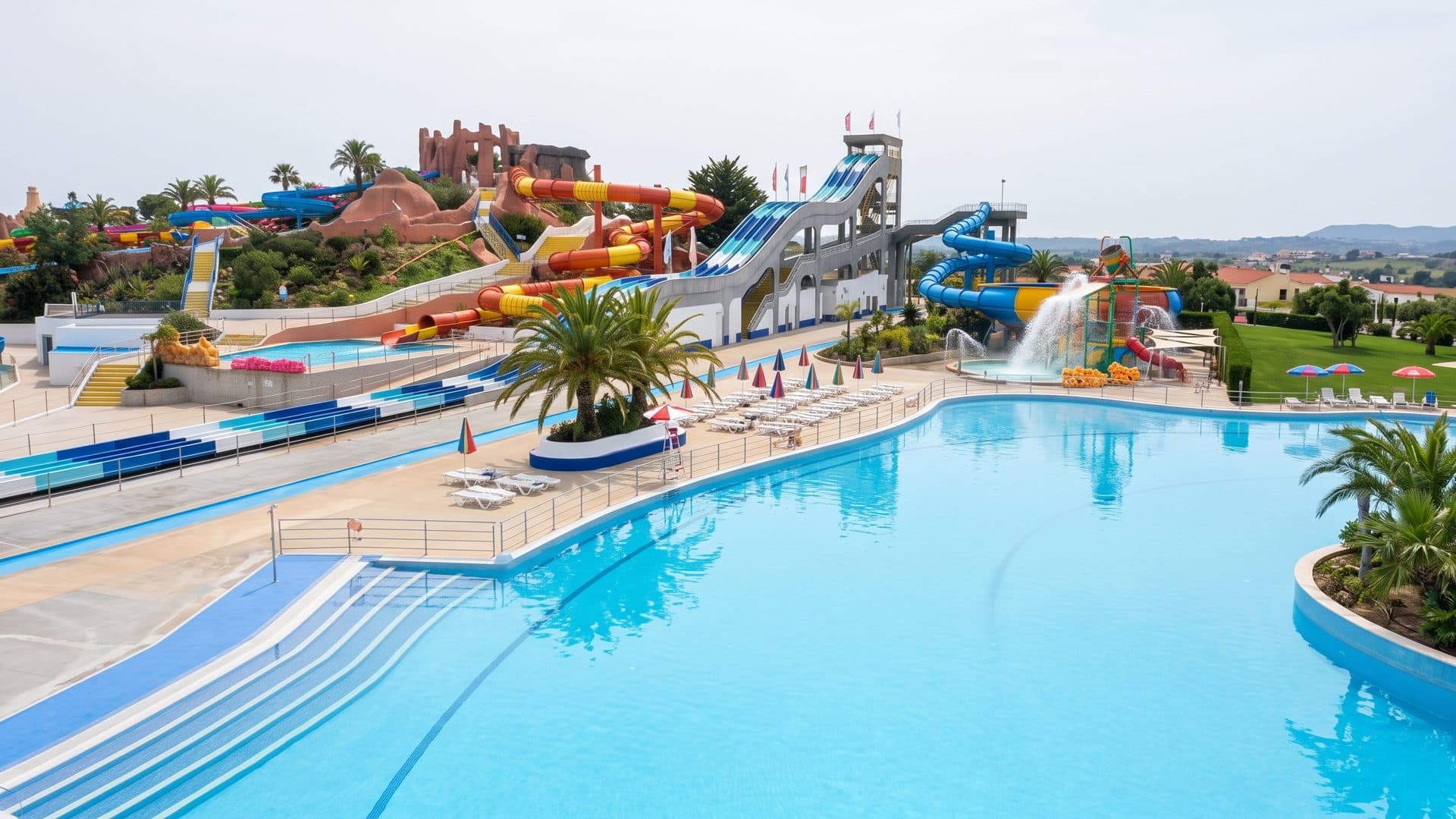 Water park from above: a large blue pool in the foreground and the banked slides of the park behind.