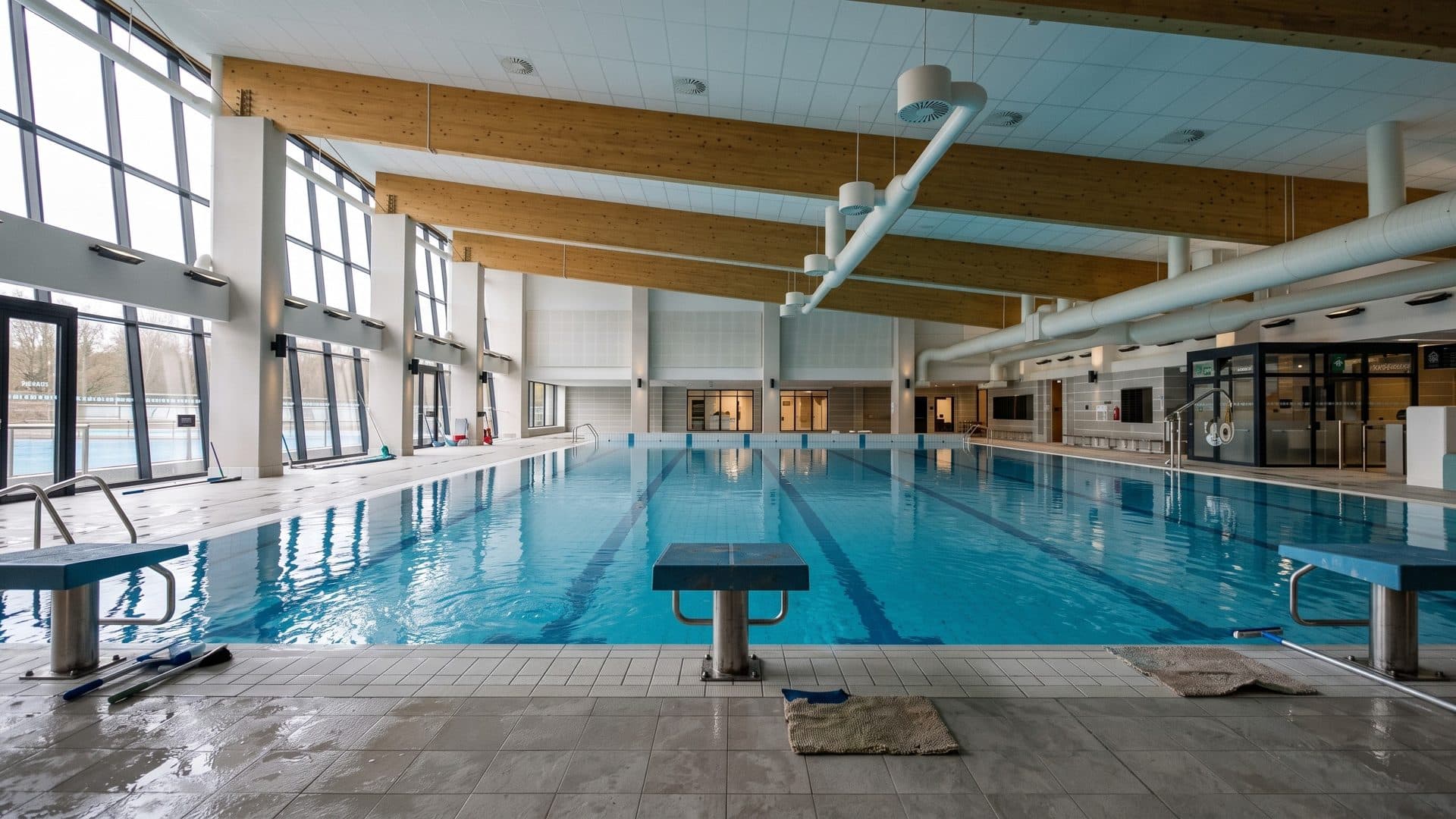 The lane pool of the Aquaprak in Rakovnik with starting blocks, under a timber-beamed ceiling with tall windows