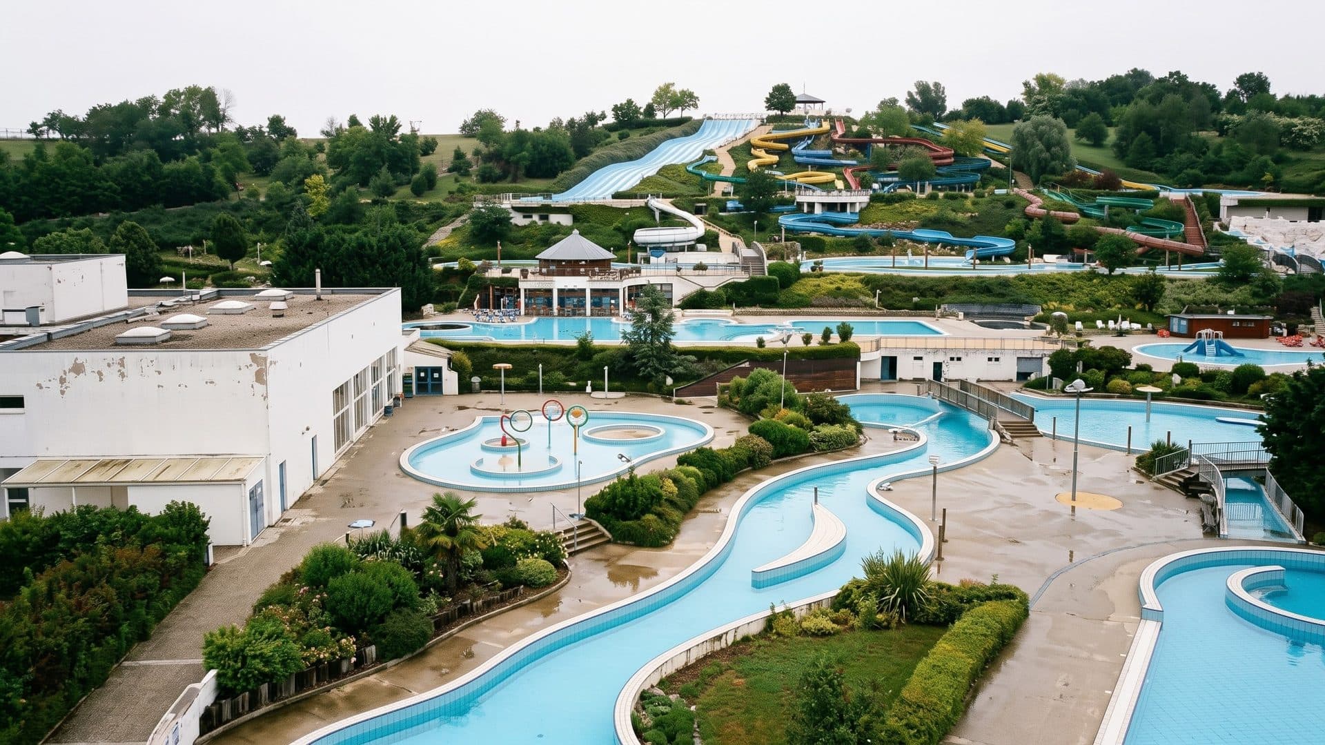 Aerial view of Aquarena in Mogyorod: lazy rivers and pools among lawns, with slides on the hillside