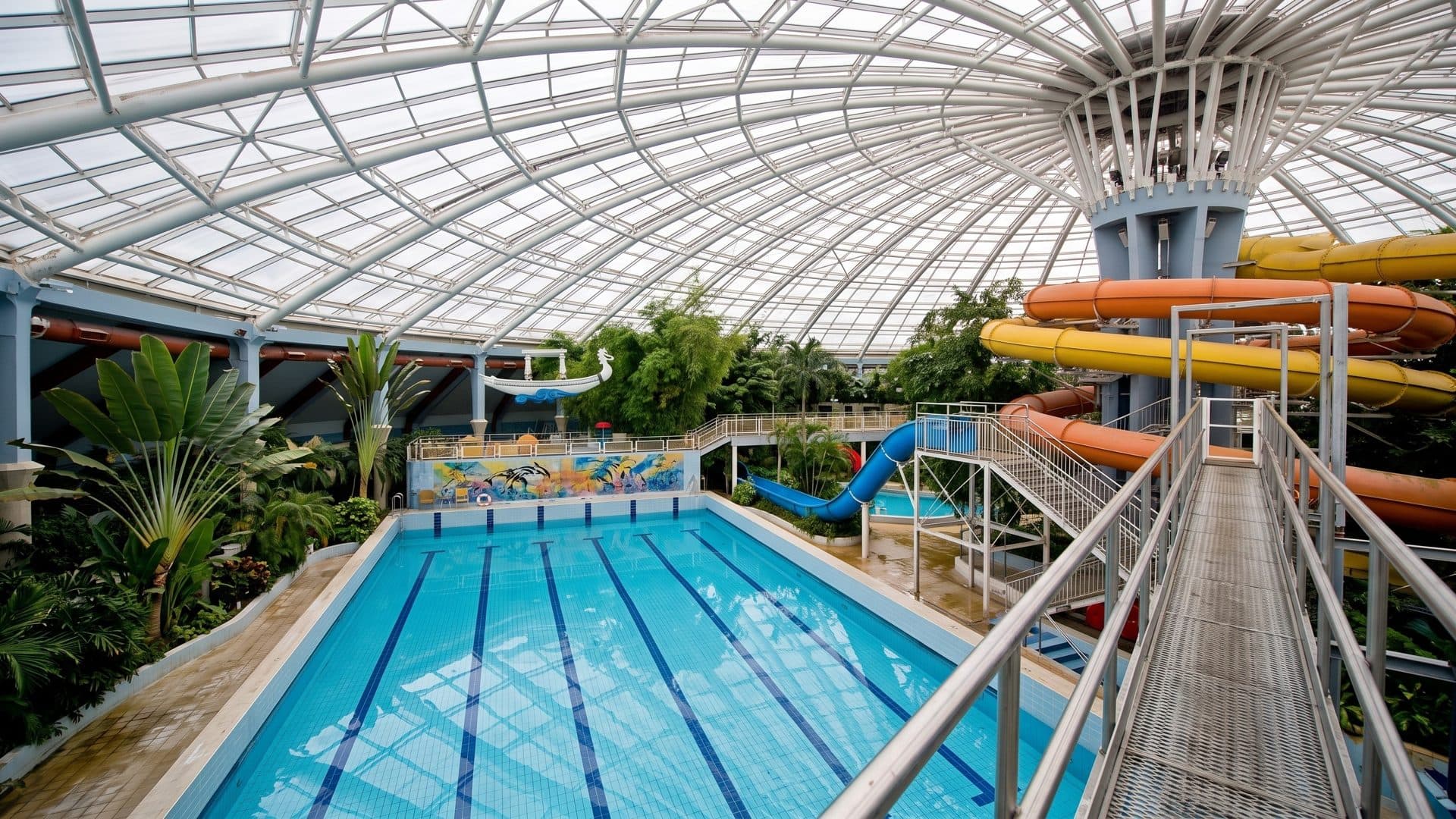 The lane pool of the Aquaticum Mediterranean baths in Debrecen under a lattice glass dome, orange and yellow slides curling round the central column