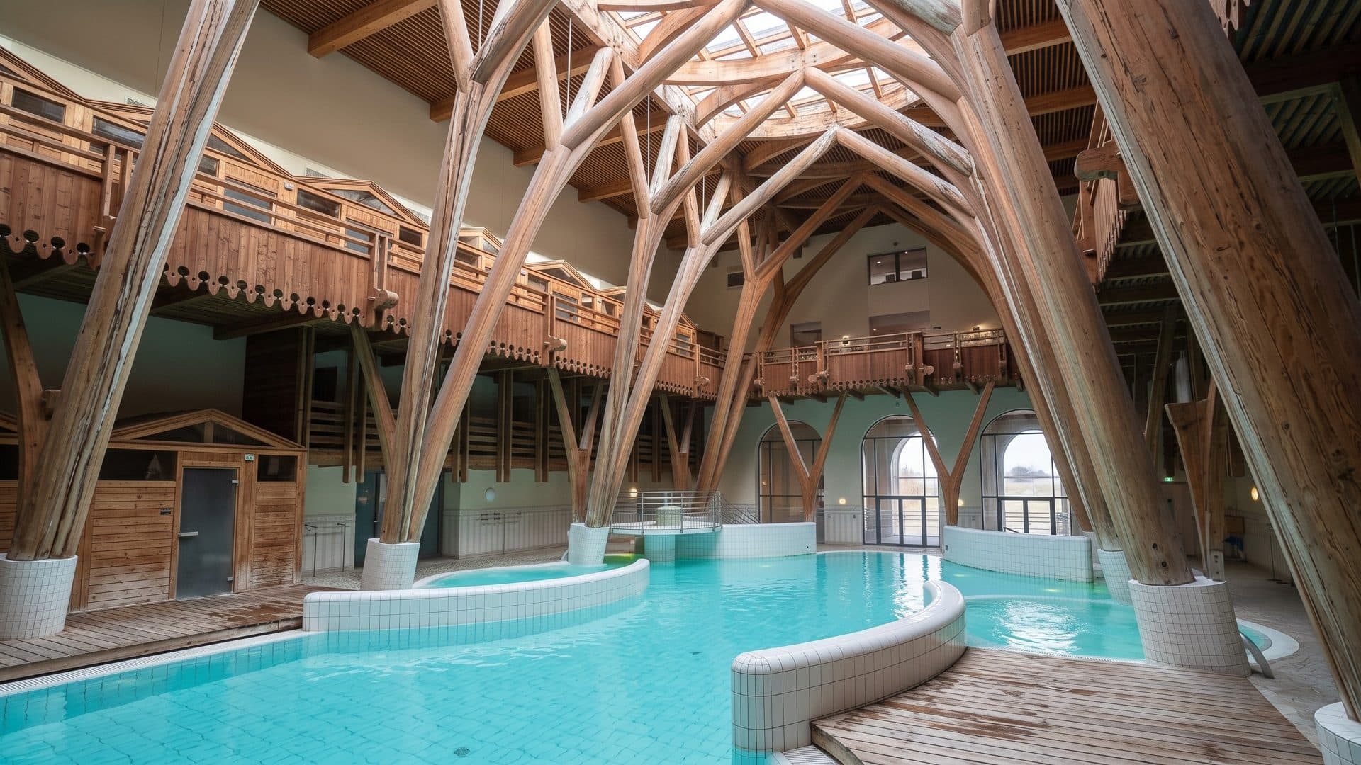 The thermal pool of Aquensis under a tall timber structure of branching columns, with wooden galleries around