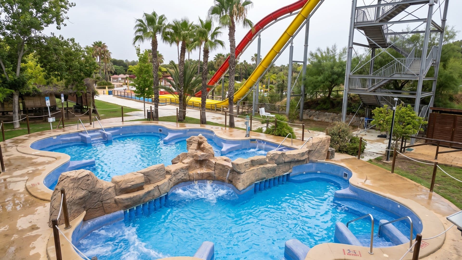 Clover-shaped whirlpool basins around an artificial rock island, with tall slides and palm trees behind