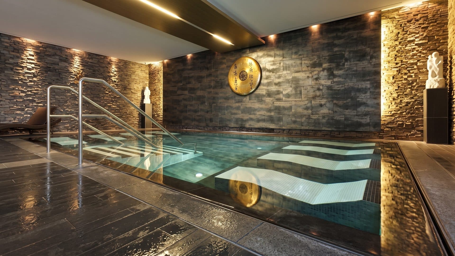 A dark stone-lined pool in the Asia Spa Leoben with a round bronze disc on the wall and lit statues