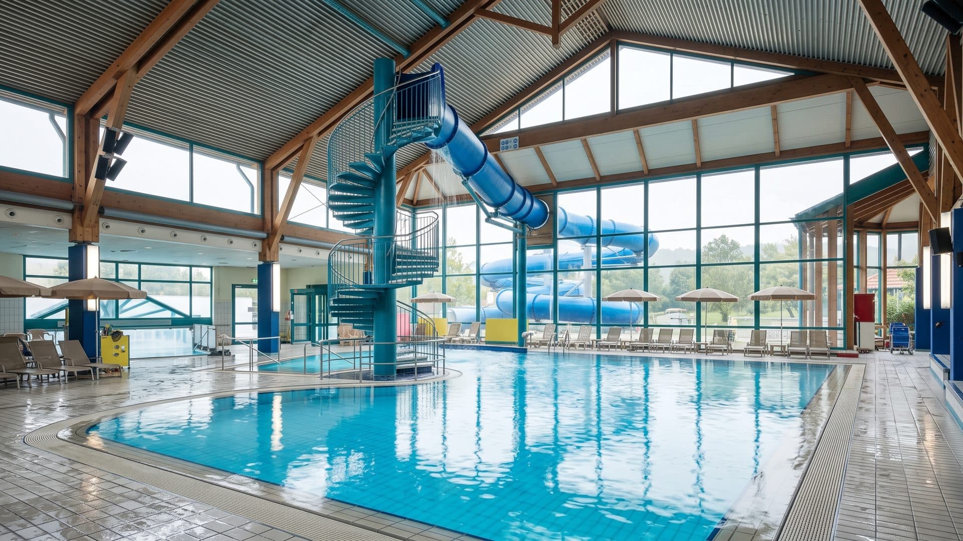 Indoor pool under a timber roof with a blue tube slide, and the glazed wall onto the outdoor pool.