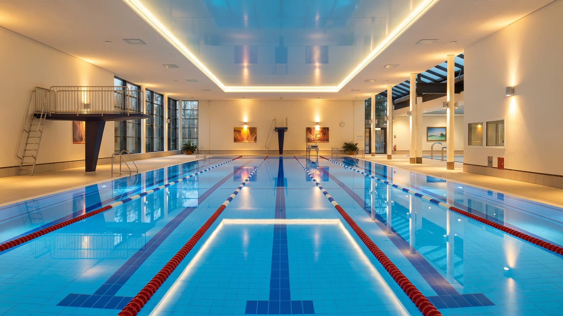 The lane pool of Badehaus Roedermark seen down its length, diving board on the left under a lit ceiling