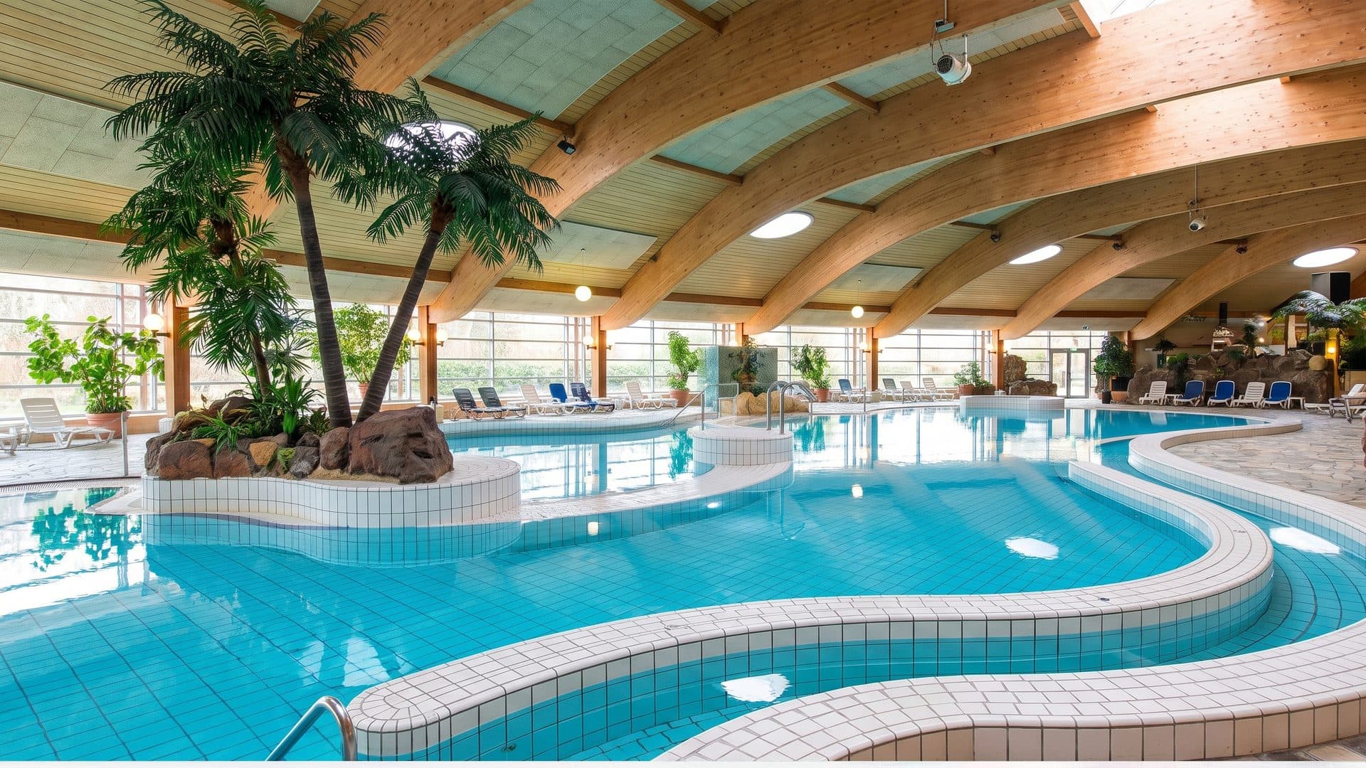 The tropical hall of Badeparadies Eiswiese with palms around the lagoon pool under a glazed roof
