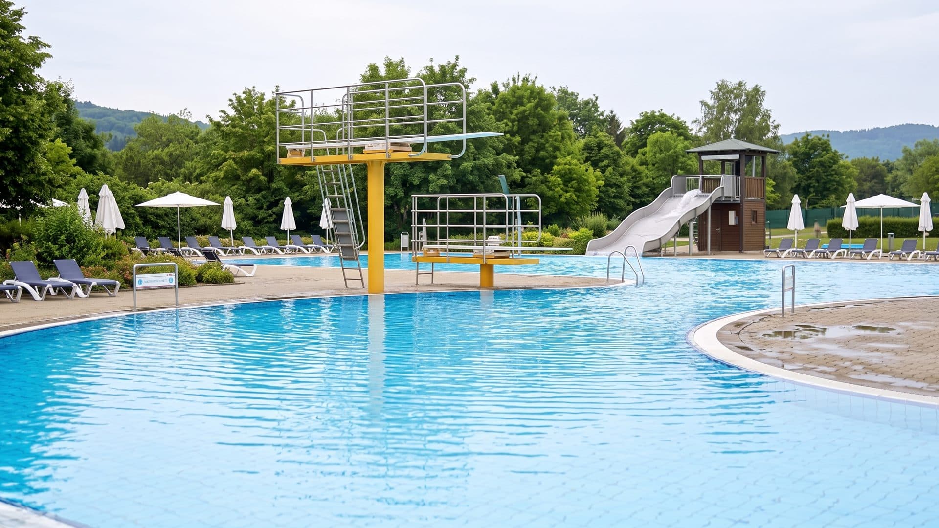 Outdoor pool with the diving platform and slide beyond, loungers on the terrace and trees around.