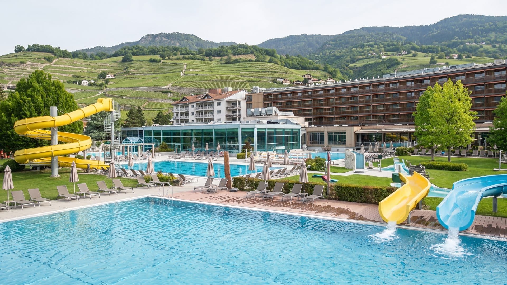 The outdoor pools at Bains de Saillon below the terraced vineyard slopes, the yellow flume on the left and the long hotel wing behind