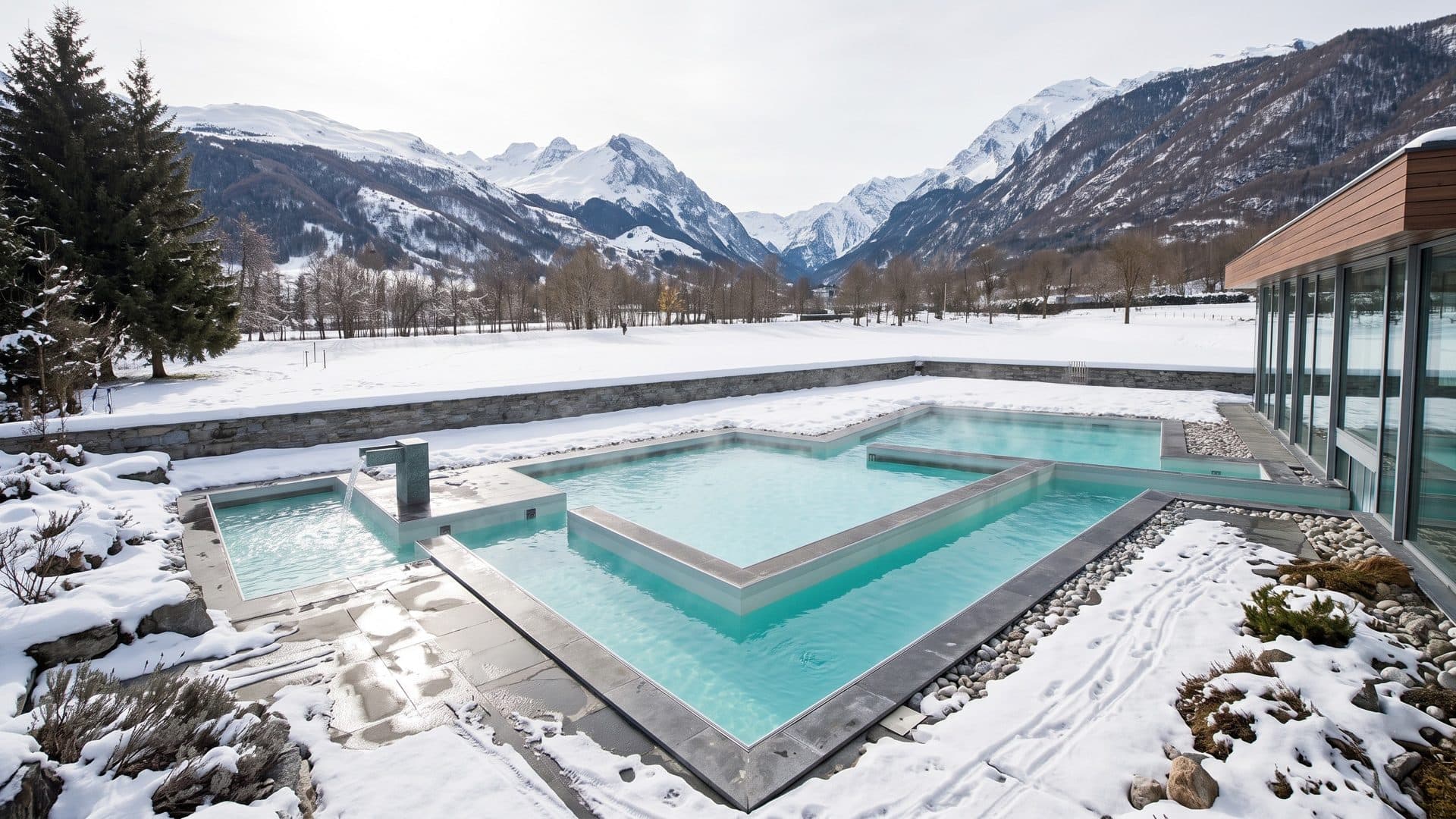 The angular outdoor thermal pools of Balnea in the snow, with the Pyrenees peaks behind
