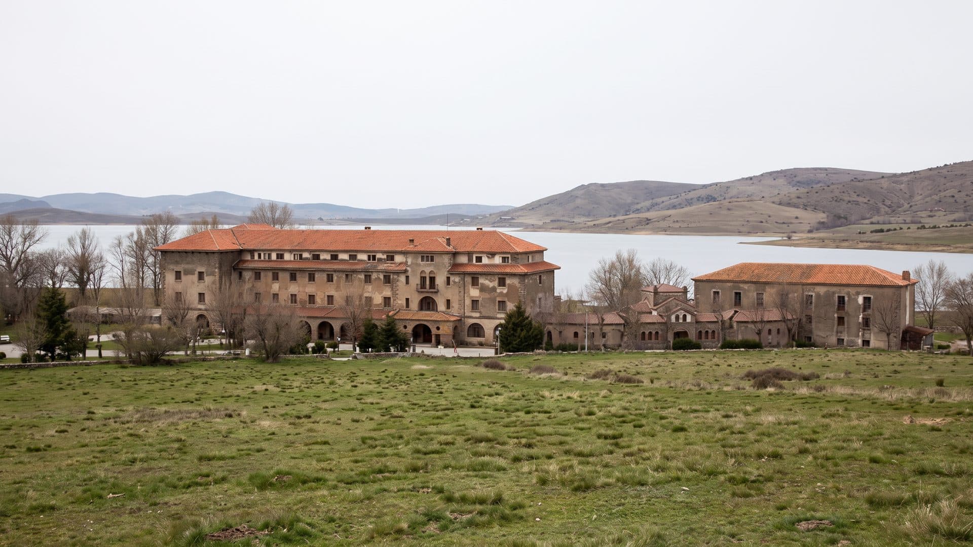Balneario de Corconte: the long spa hotel standing on open upland above the Ebro reservoir in northern Spain.