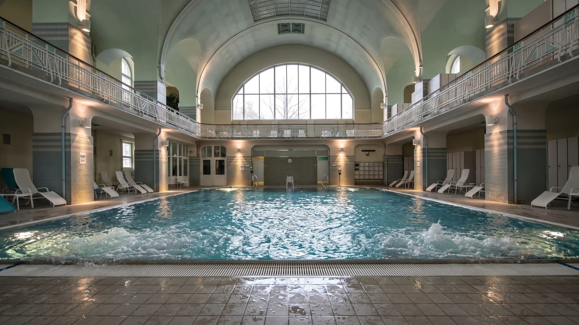 The historic vaulted pool hall with a large arched window, galleries on both sides and bubbling water