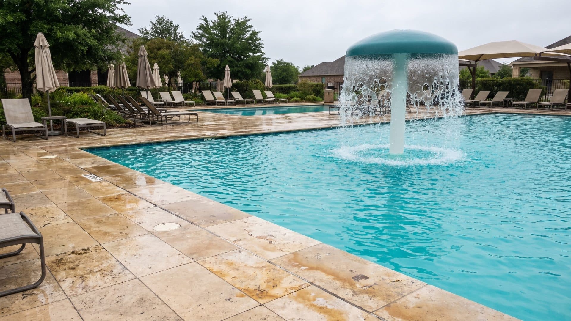 Outdoor thermal pool with a mushroom fountain, travertine paving and loungers under parasols