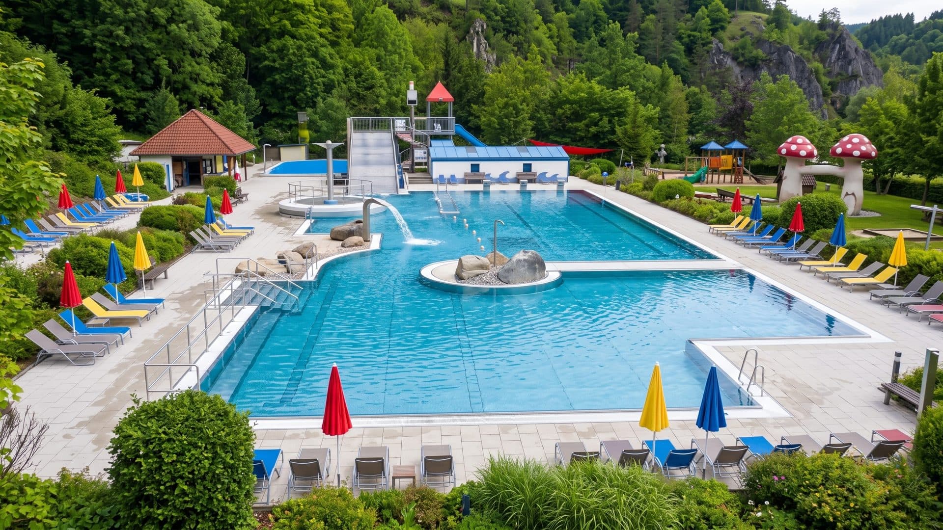 The outdoor pool of the Bodeperle with a rock island and spouts, a slide tower and toadstool figures at the edge of a wooded valley